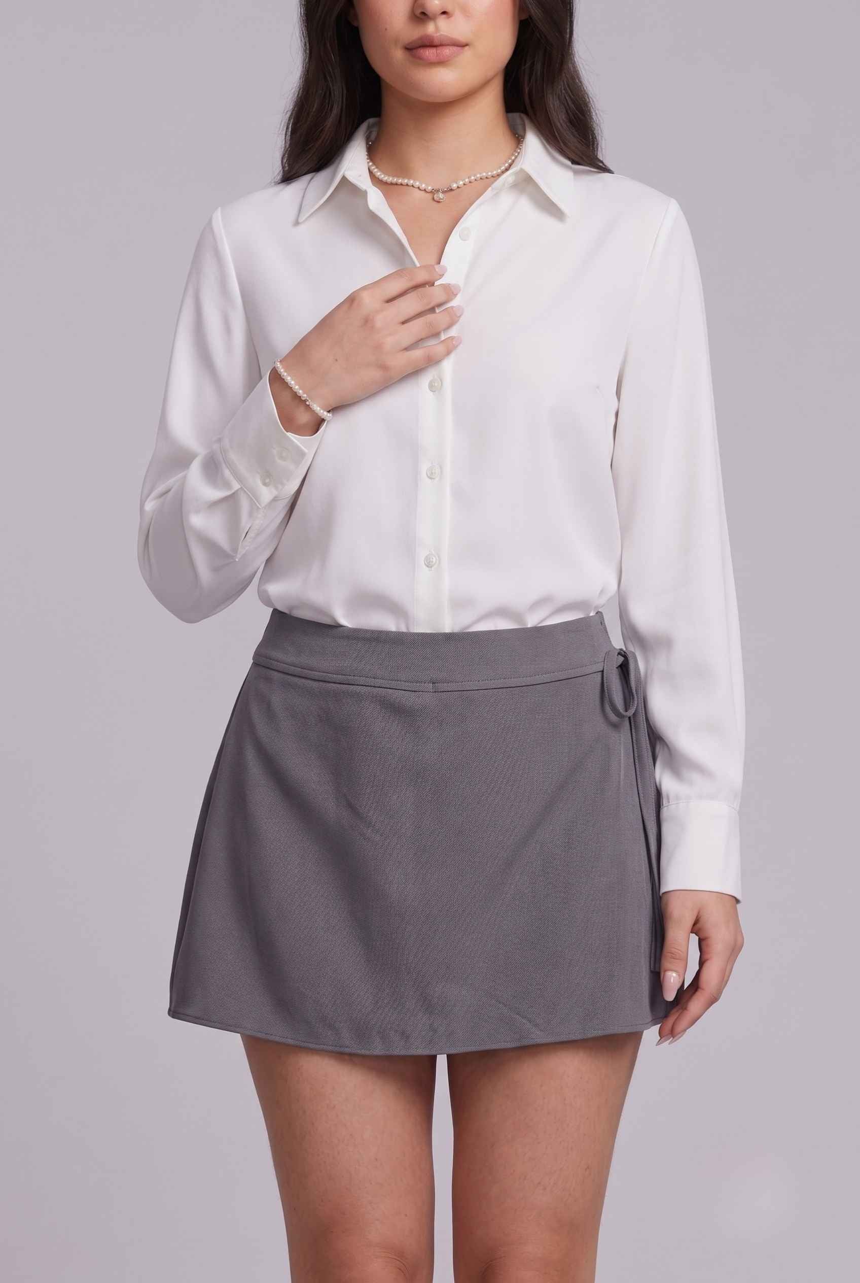 Virtual Model wearing The Mykonos Side-Tie Skort Asymmetrical Dark Gray Wrap Skort