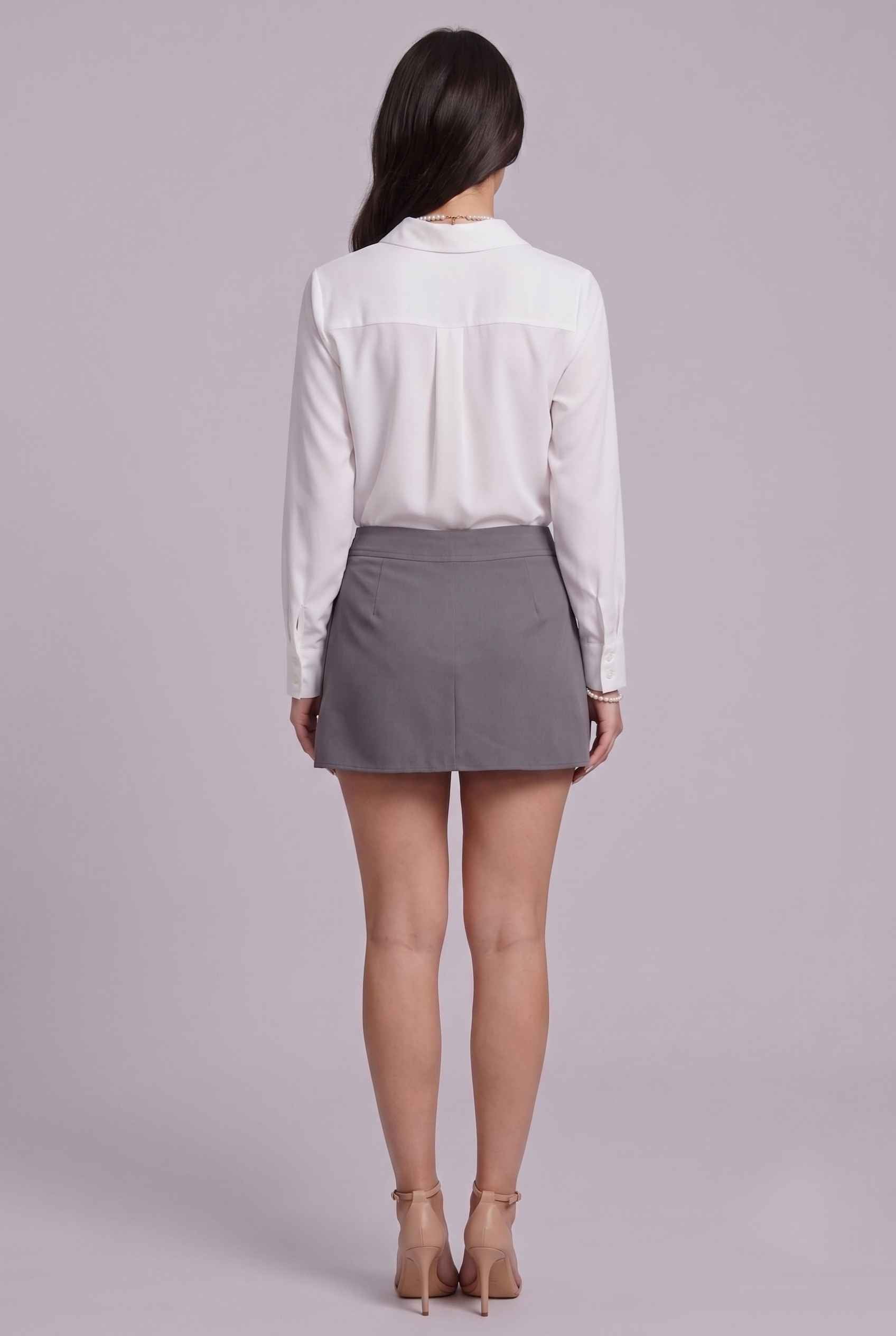Virtual Model wearing The Mykonos Side-Tie Skort Asymmetrical Dark Gray Wrap Skort