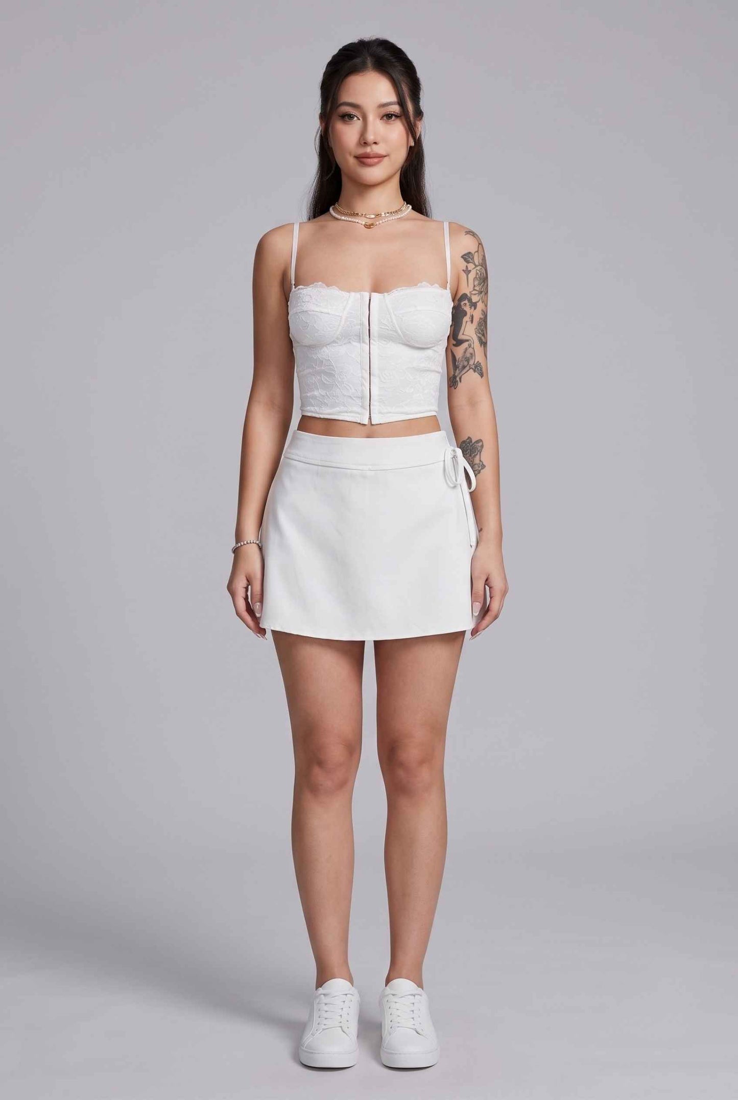 Virtual Model wearing The Mykonos Side-Tie Skort Asymmetrical White Wrap Skort