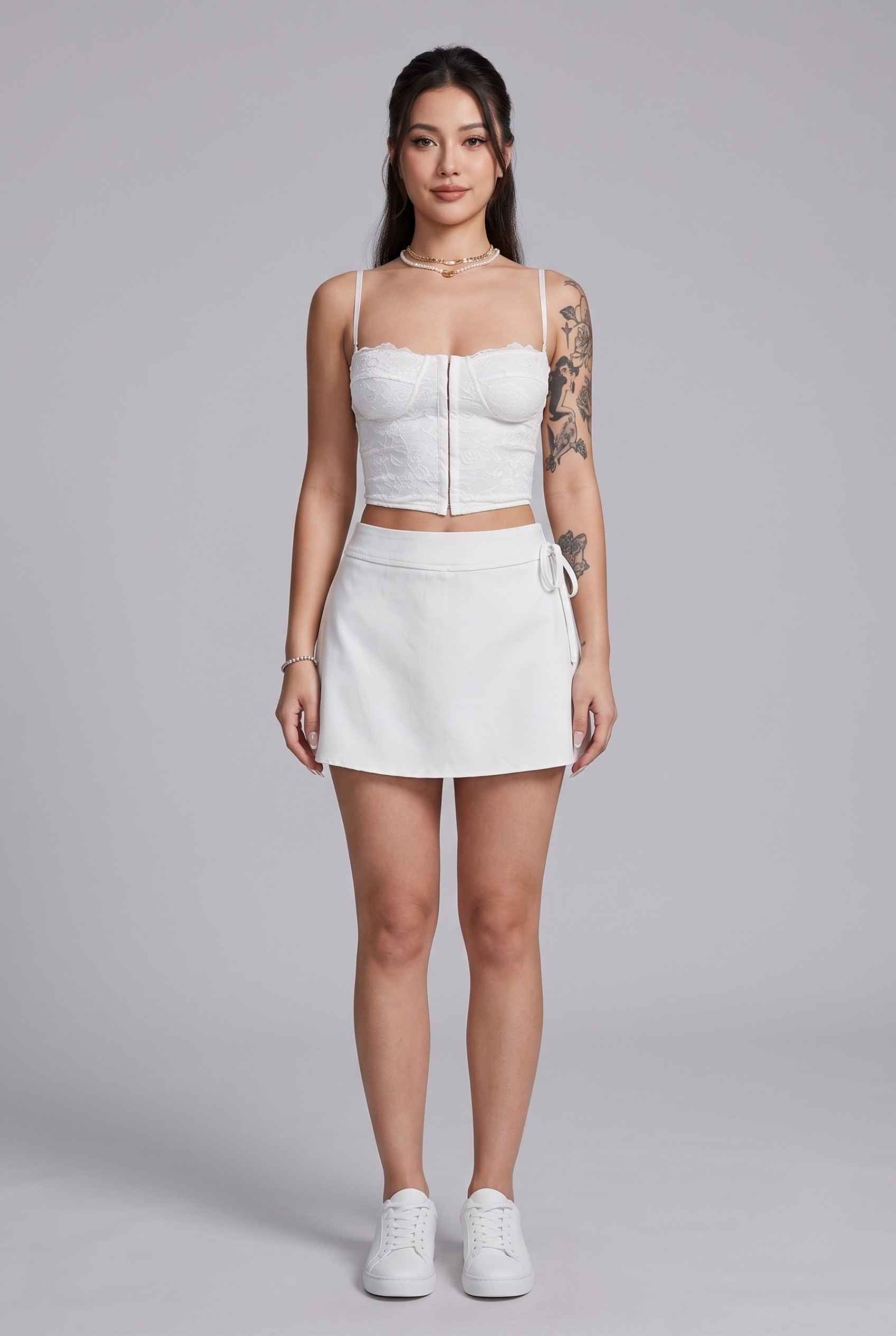 Virtual Model wearing The Mykonos Side-Tie Skort Asymmetrical White Wrap Skort