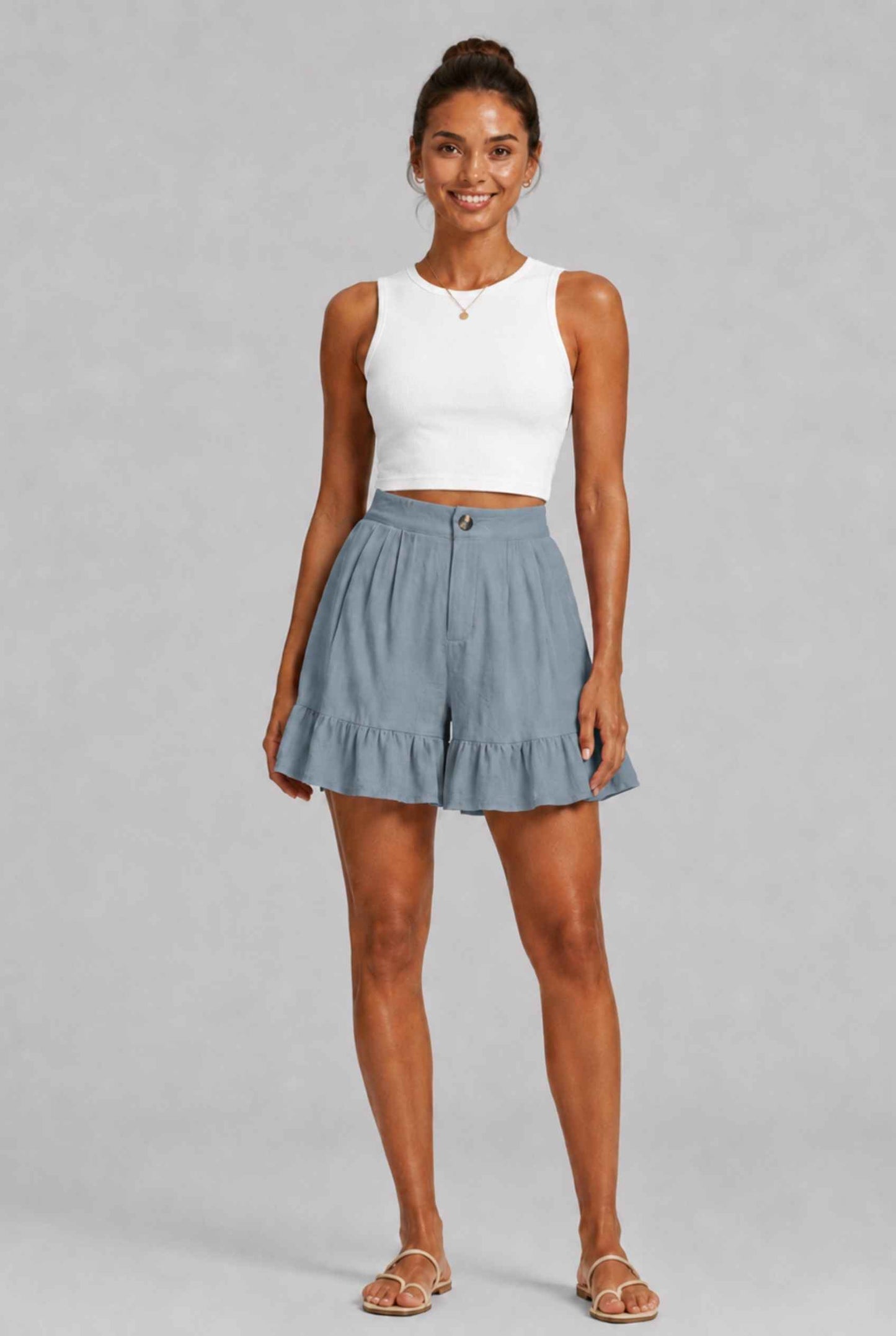 Virtual Model Wearing The Nerina Ruffle Short Blue High-Waisted Wide-Leg Ruffle Hem Shorts