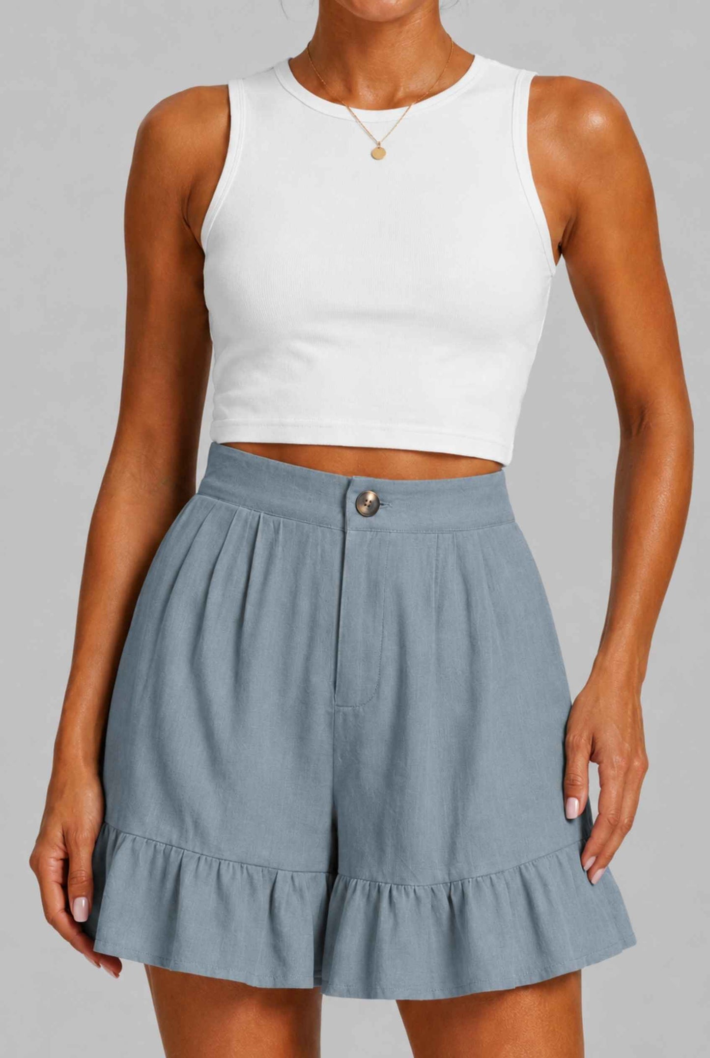 Virtual Model Wearing The Nerina Ruffle Short Blue High-Waisted Wide-Leg Ruffle Hem Shorts