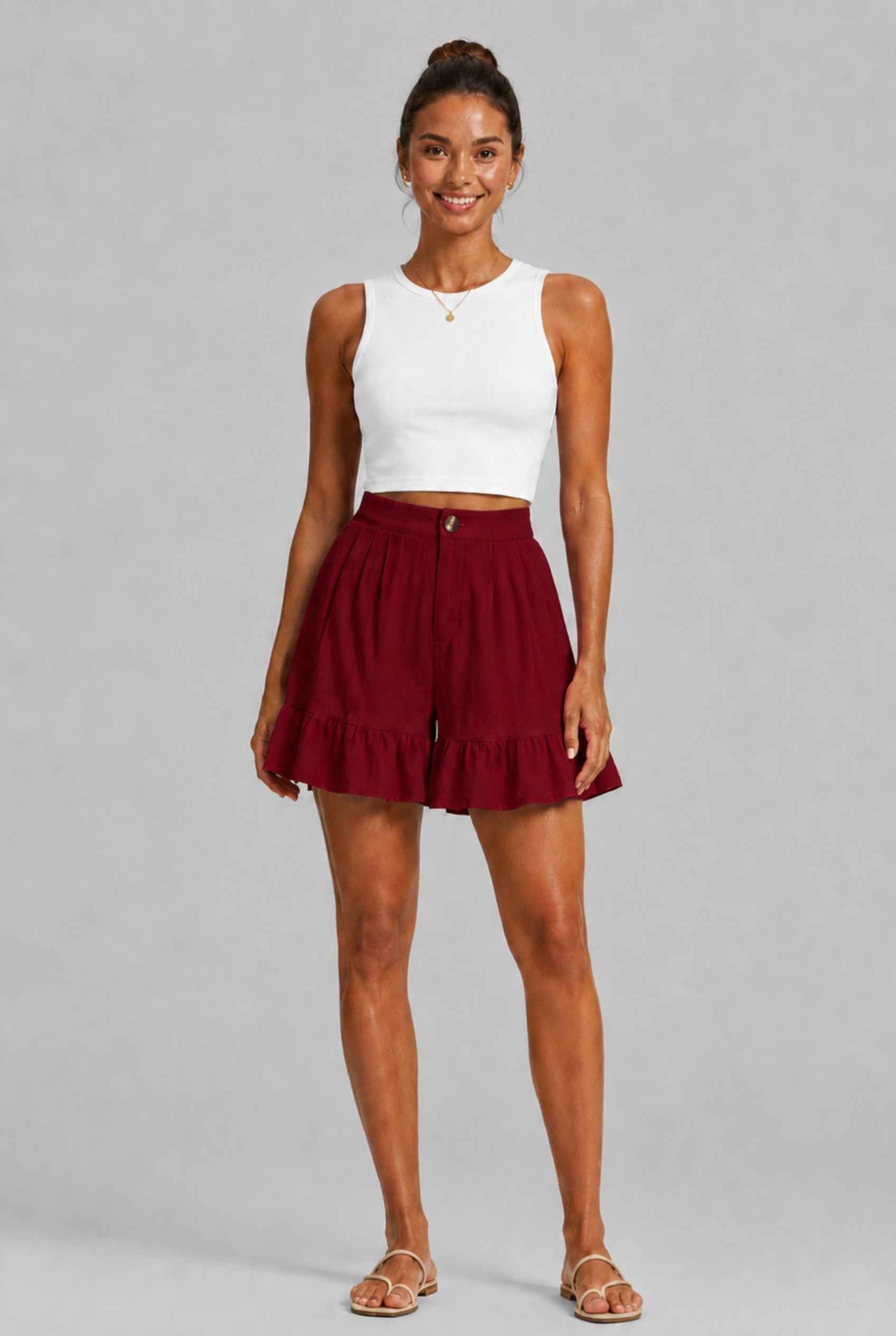 Virtual Model Wearing The Nerina Ruffle Short Burgundy High-Waisted Wide-Leg Ruffle Hem Shorts