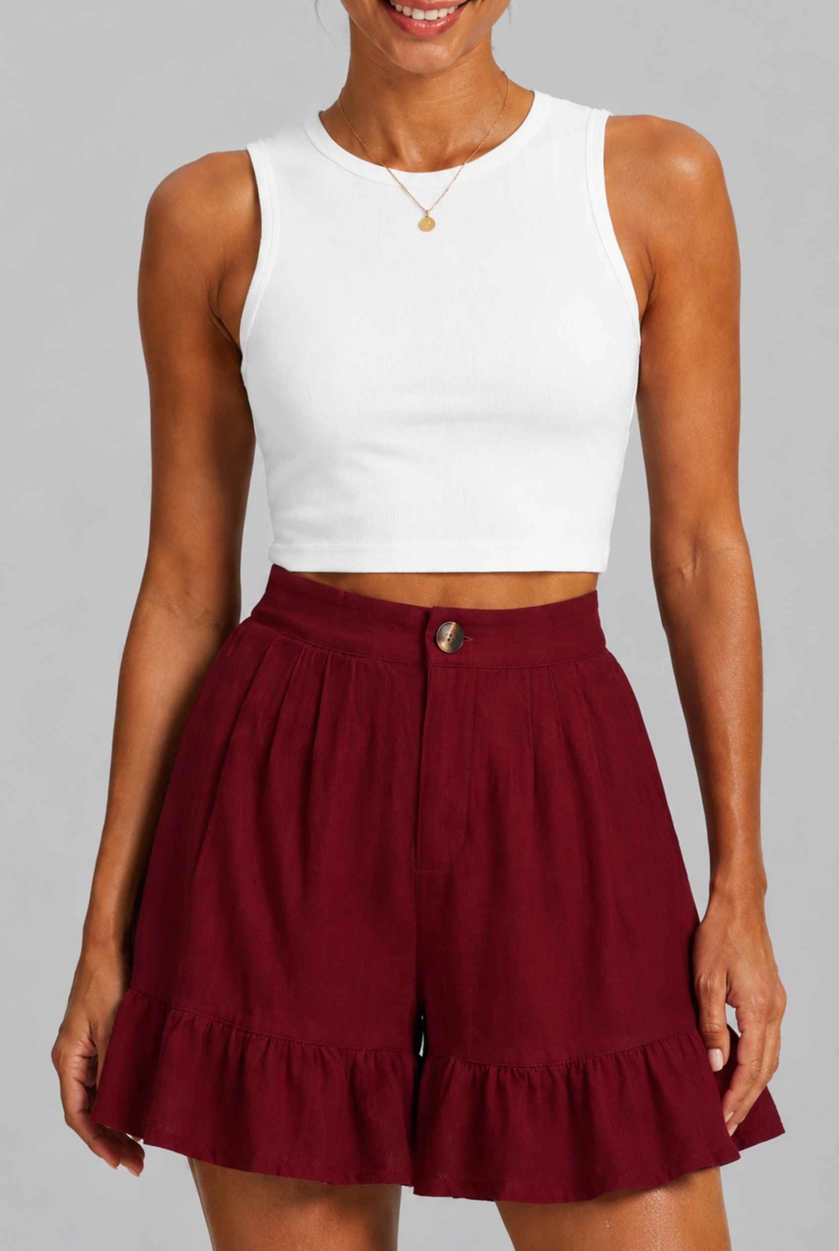 Virtual Model Wearing The Nerina Ruffle Short Burgundy High-Waisted Wide-Leg Ruffle Hem Shorts