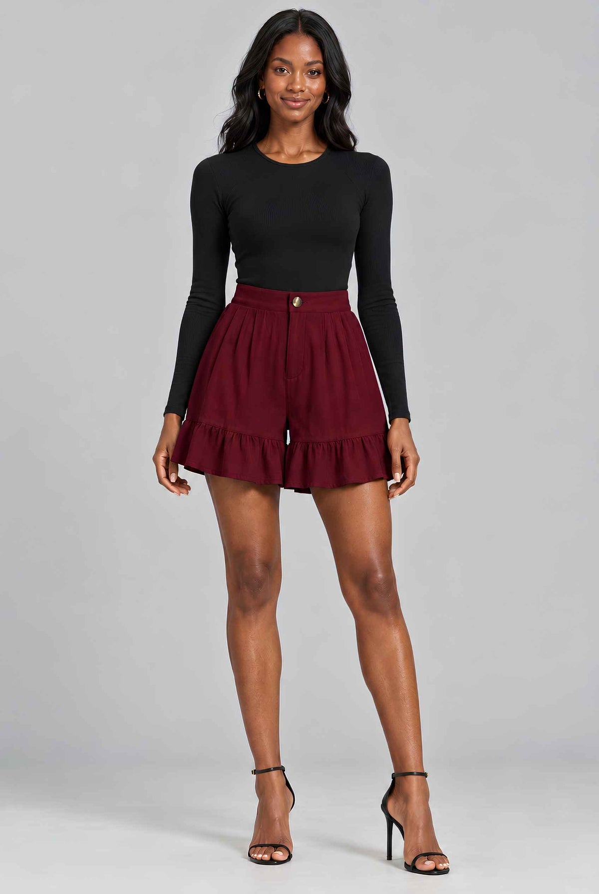 Virtual model wearing The Nerina Ruffle Short High-Waisted Wide-Leg Ruffle Hem Shorts Burgundy