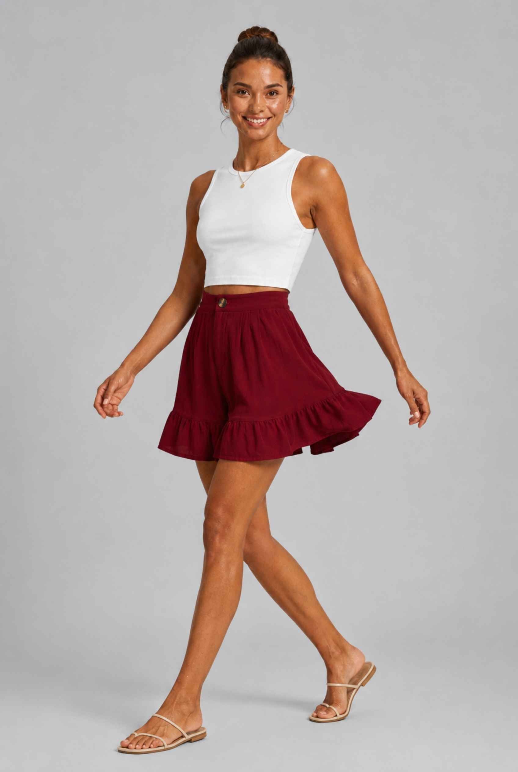 Virtual Model Wearing The Nerina Ruffle Short Burgundy High-Waisted Wide-Leg Ruffle Hem Shorts