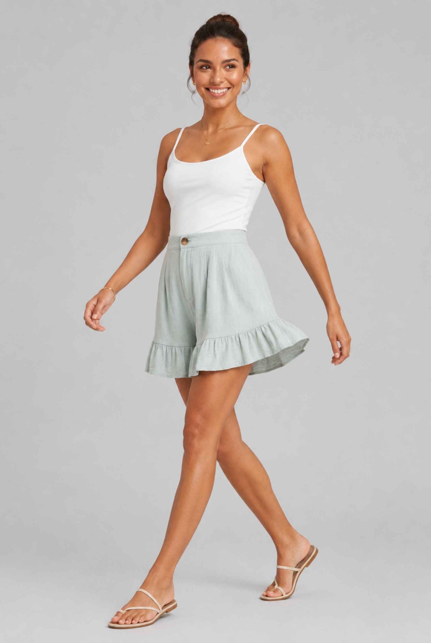 Virtual Model Wearing The Nerina Ruffle Short Mint High-Waisted Wide-Leg Ruffle Hem Shorts