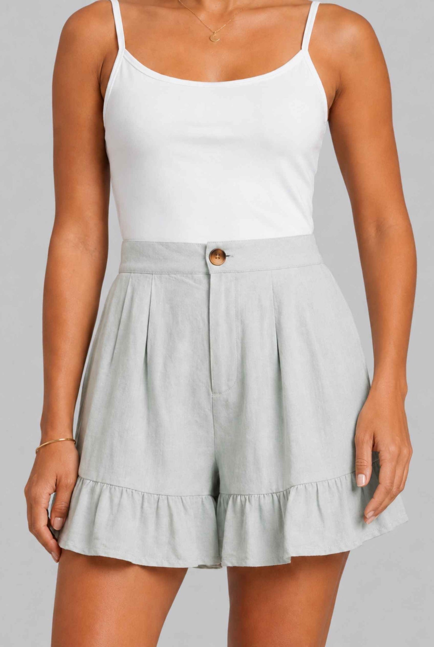 Virtual Model Wearing The Nerina Ruffle Short Mint High-Waisted Wide-Leg Ruffle Hem Shorts
