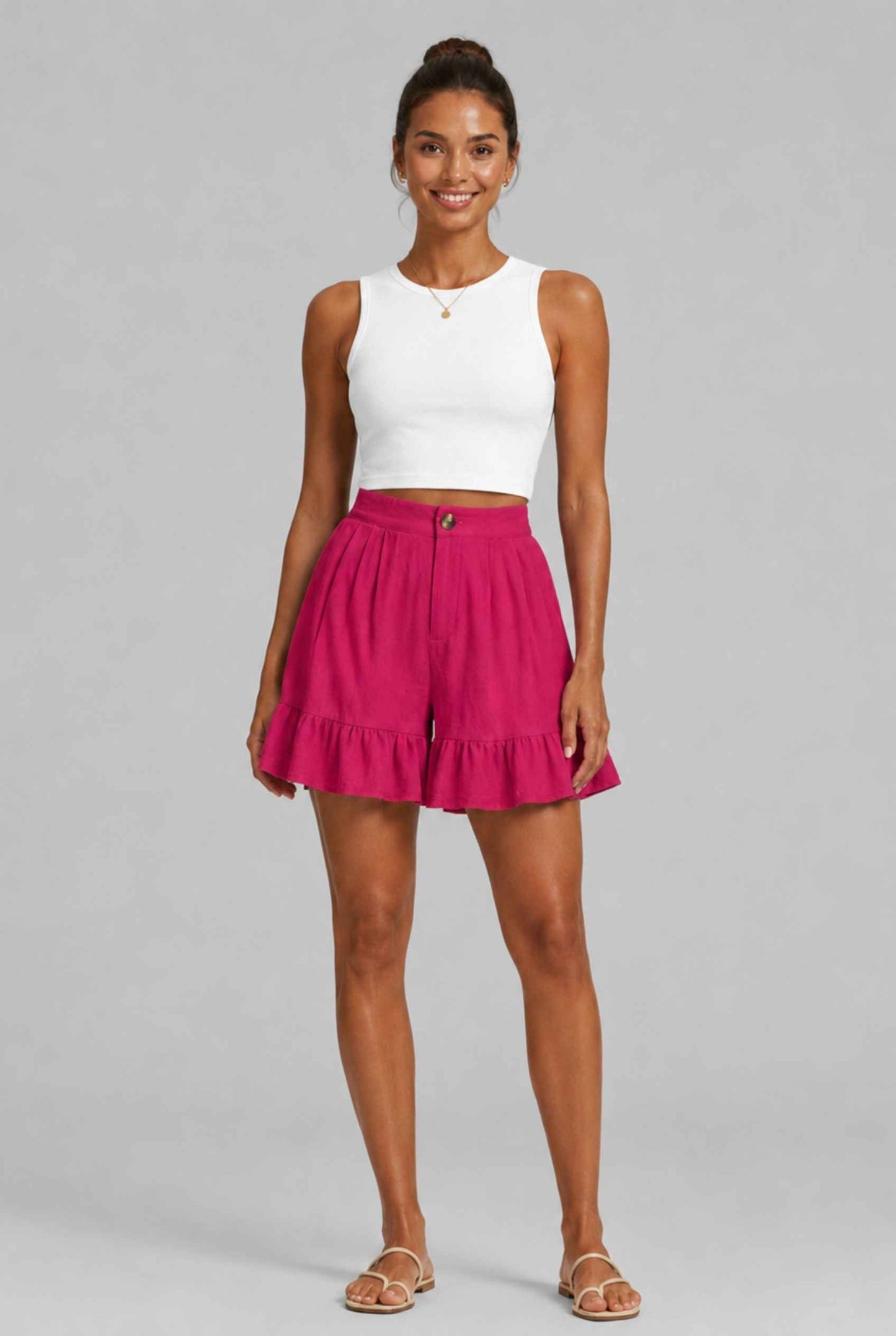 Virtual Model Wearing The Nerina Ruffle Short Pink High-Waisted Wide-Leg Ruffle Hem Shorts