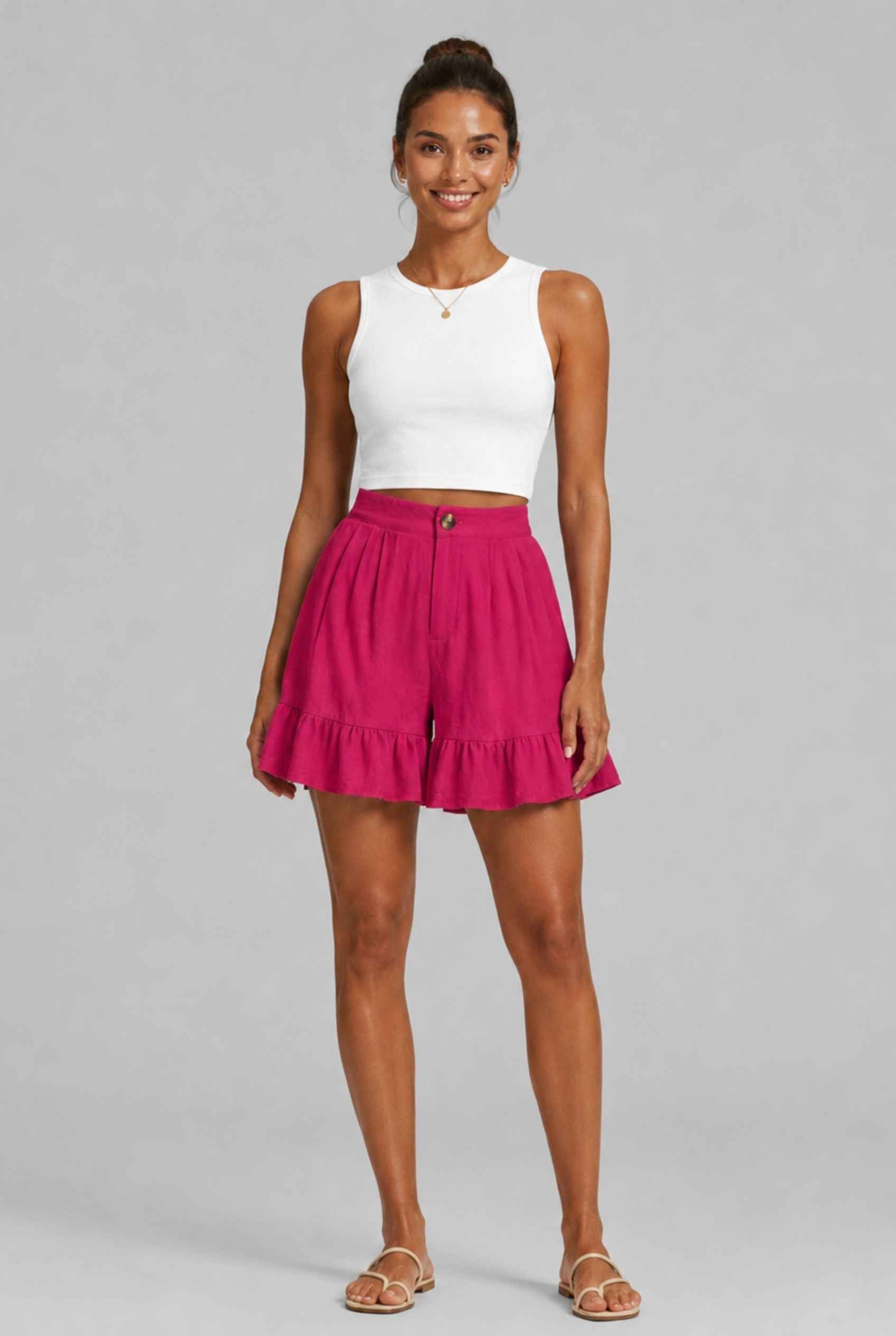 Virtual Model Wearing The Nerina Ruffle Short Pink High-Waisted Wide-Leg Ruffle Hem Shorts