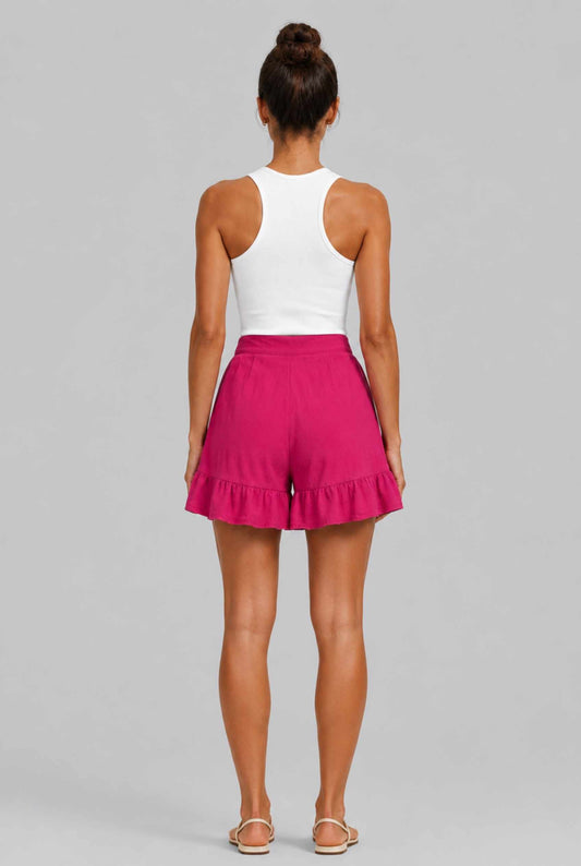 Virtual Model Wearing The Nerina Ruffle Short Pink High-Waisted Wide-Leg Ruffle Hem Shorts