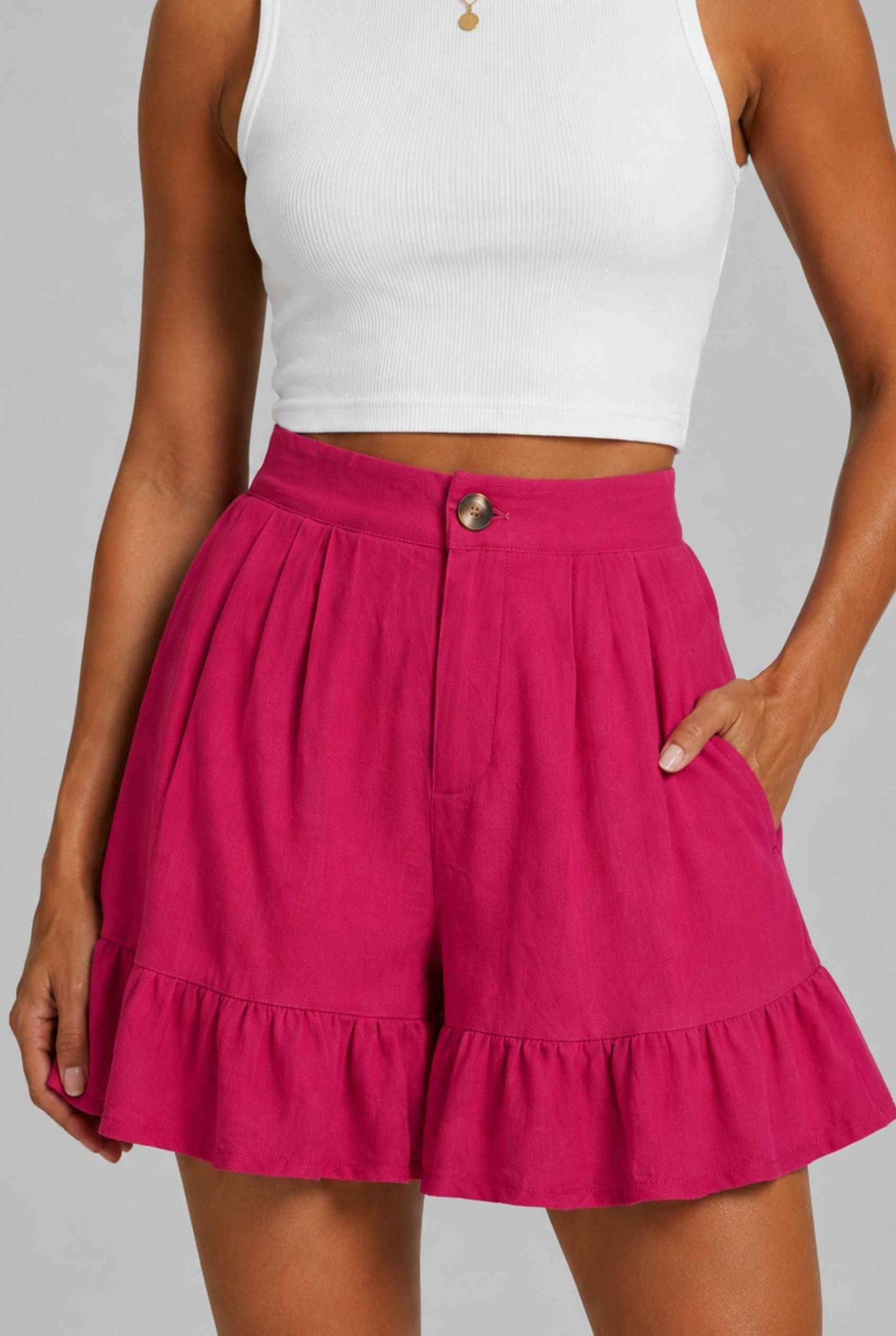 Virtual Model Wearing The Nerina Ruffle Short Pink High-Waisted Wide-Leg Ruffle Hem Shorts