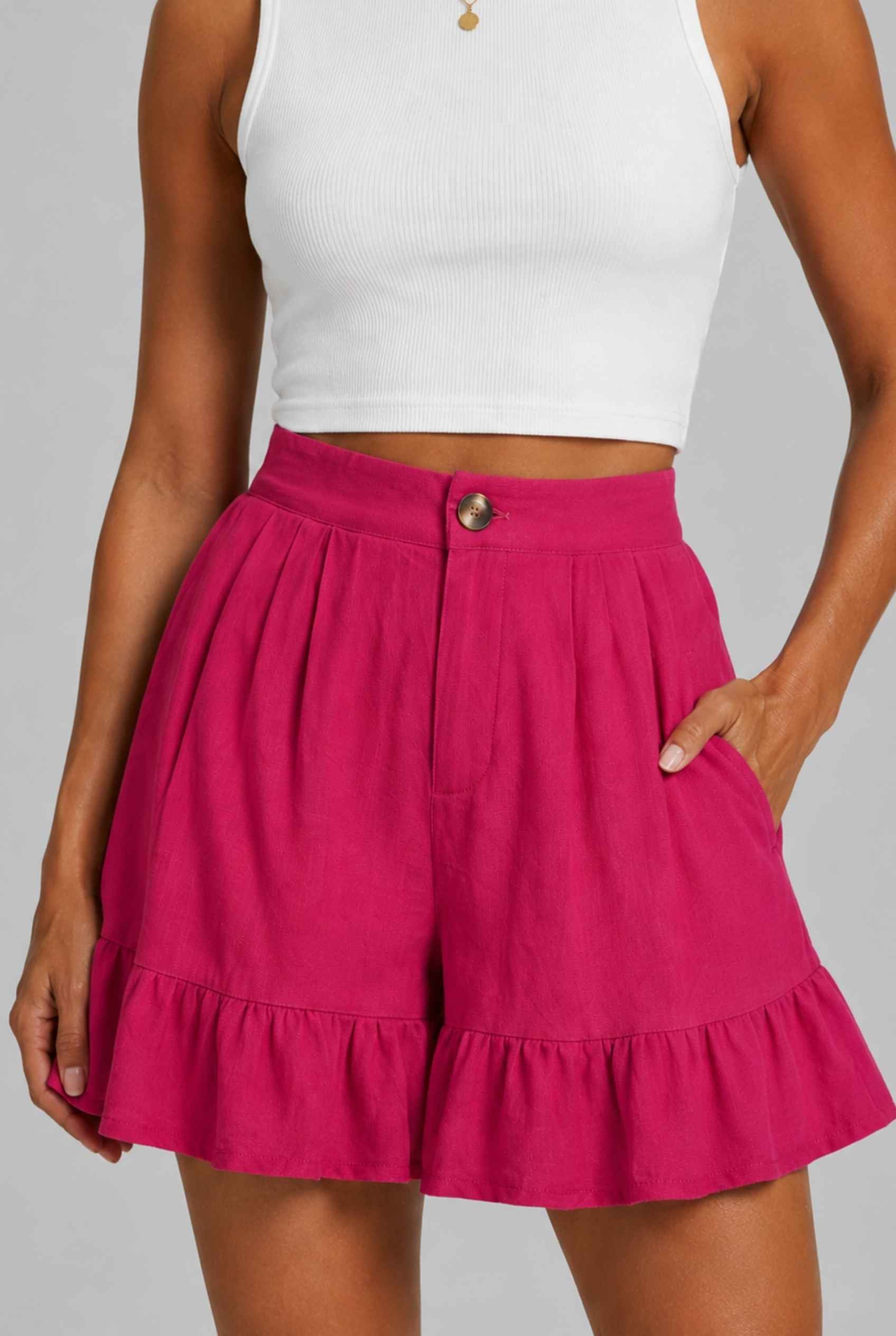 Virtual Model Wearing The Nerina Ruffle Short Pink High-Waisted Wide-Leg Ruffle Hem Shorts