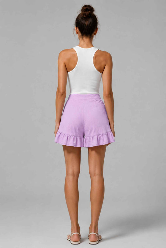Virtual Model Wearing The Nerina Ruffle Short Purple High-Waisted Wide-Leg Ruffle Hem Shorts