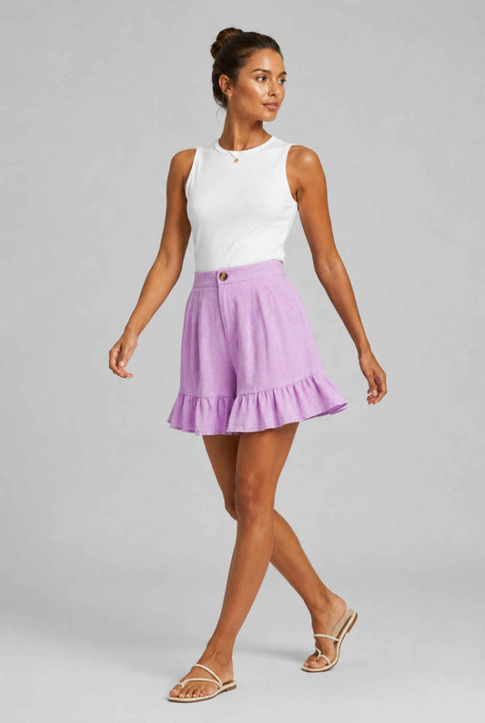 Virtual Model Wearing The Nerina Ruffle Short Purple High-Waisted Wide-Leg Ruffle Hem Shorts