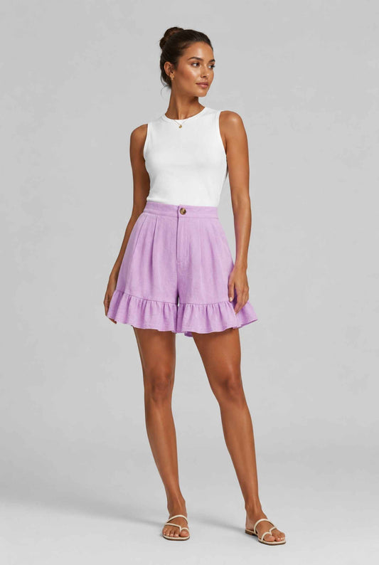 Virtual Model Wearing The Nerina Ruffle Short Purple High-Waisted Wide-Leg Ruffle Hem Shorts