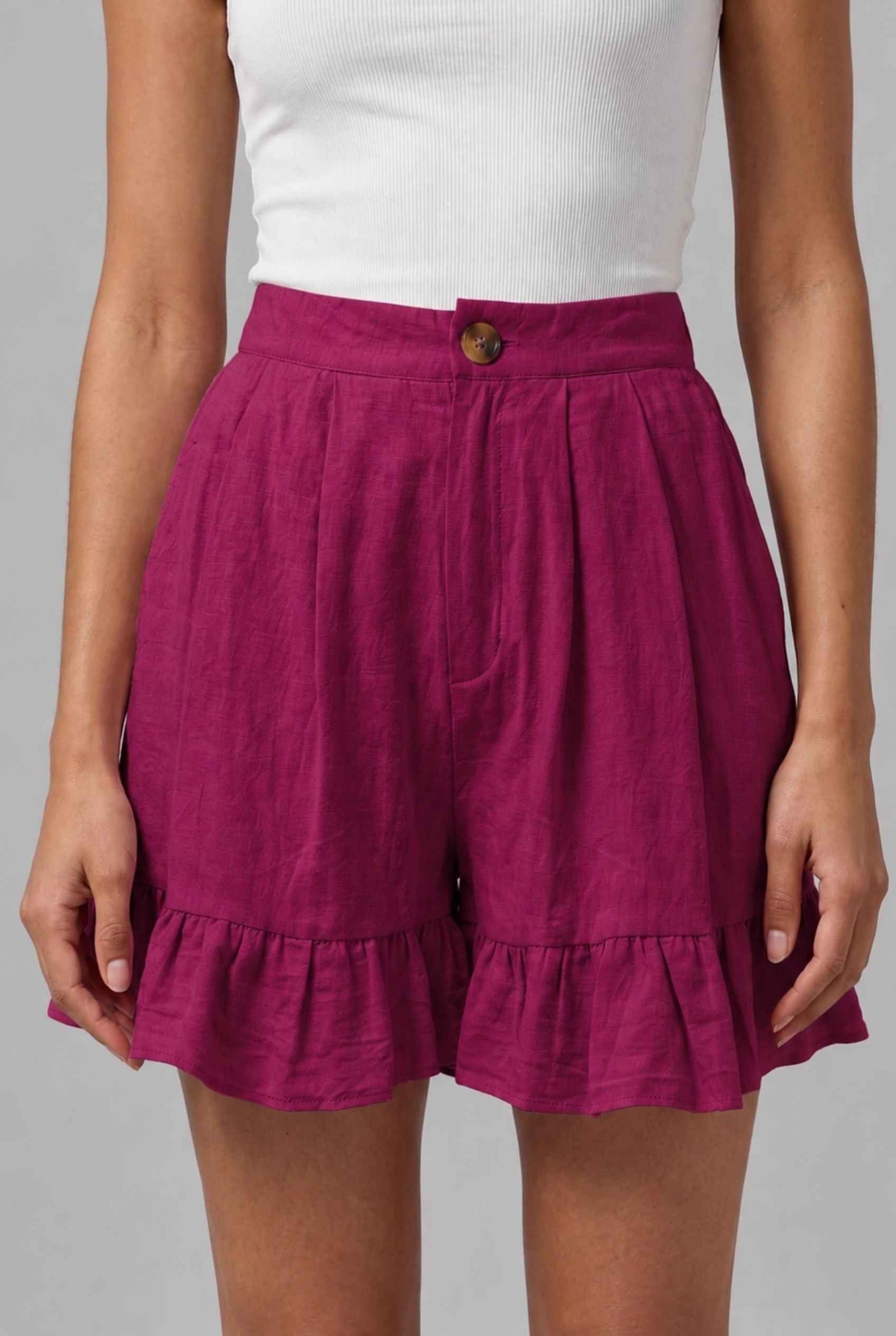Virtual Model Wearing The Nerina Ruffle Short Rose High-Waisted Wide-Leg Ruffle Hem Shorts