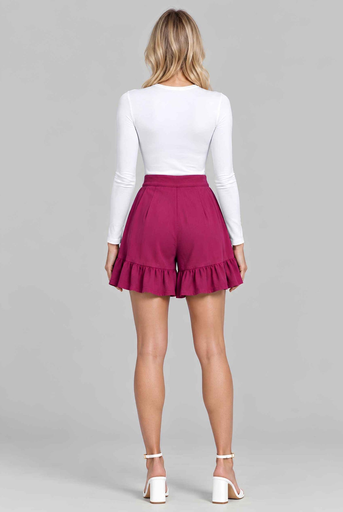 Virtual model wearing The Nerina Ruffle Short High-Waisted Wide-Leg Ruffle Hem Shorts Rose