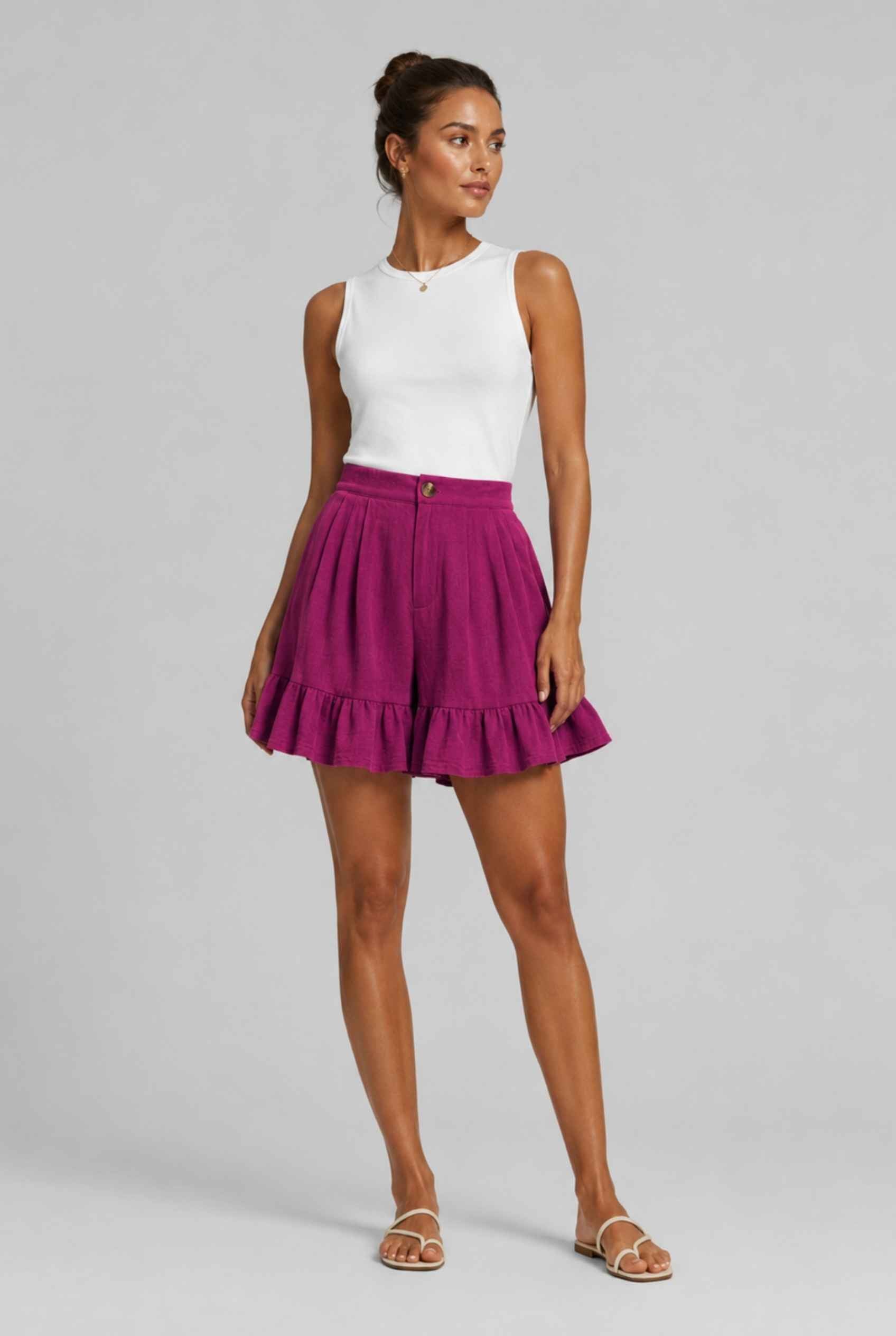 Virtual Model Wearing The Nerina Ruffle Short Rose High-Waisted Wide-Leg Ruffle Hem Shorts