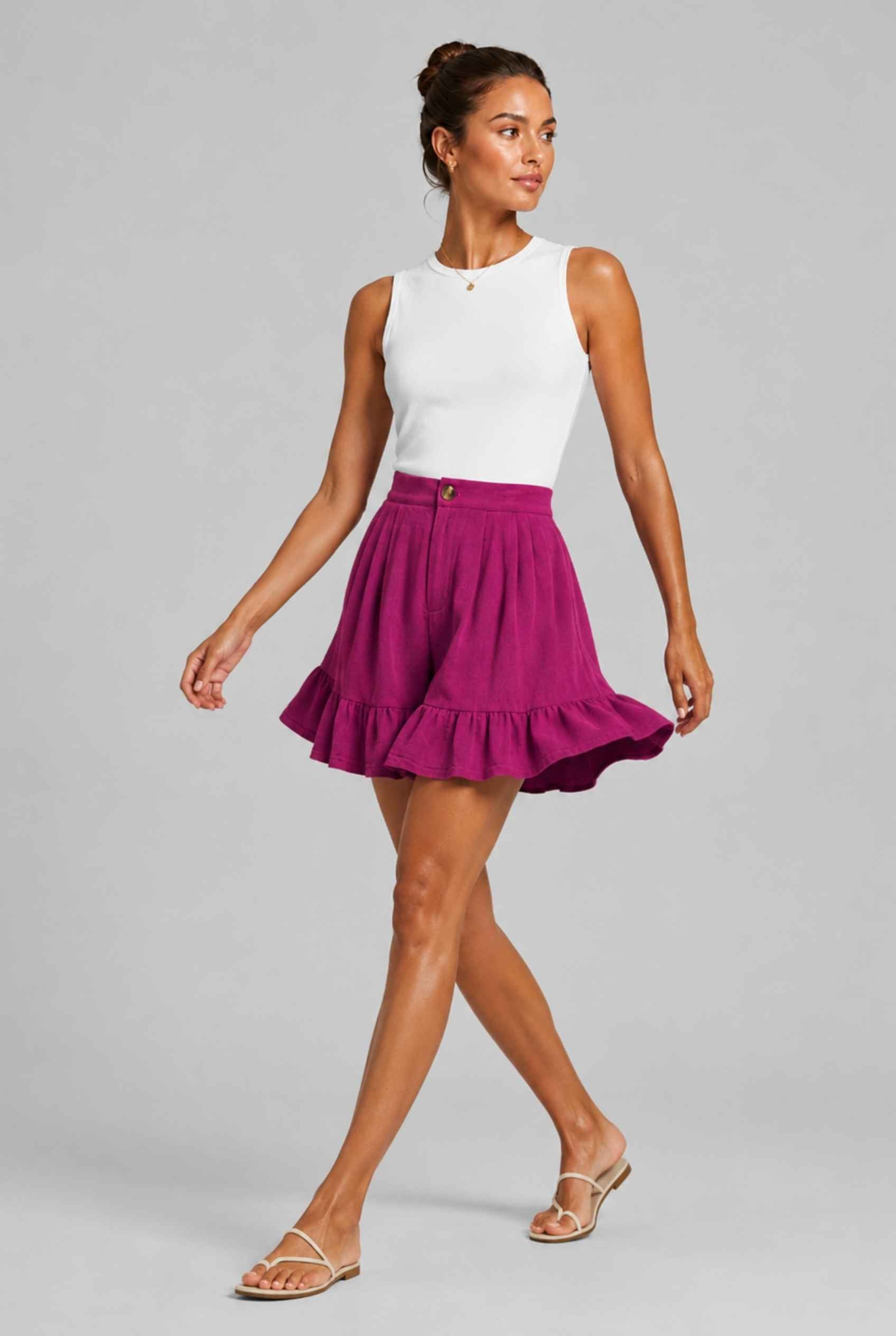 Virtual Model Wearing The Nerina Ruffle Short Rose High-Waisted Wide-Leg Ruffle Hem Shorts