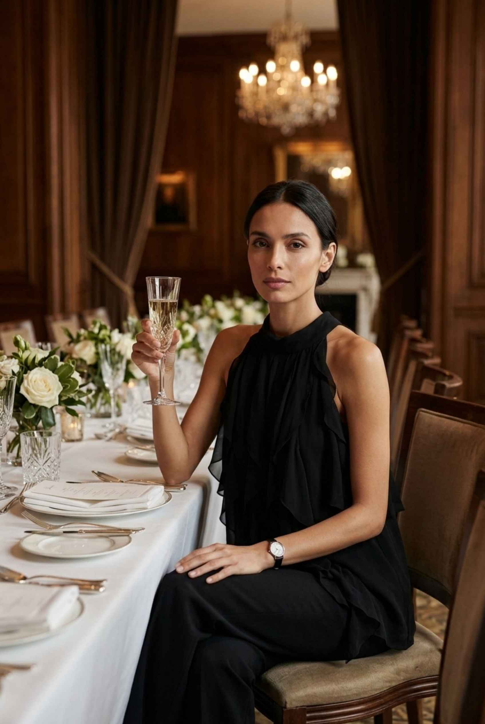 Woman wearing The Noelle Ruffle Chiffon Blouse Elegant Black Chiffon Blouse sitting at luxury banquet event lots of table flowers and a chandelier