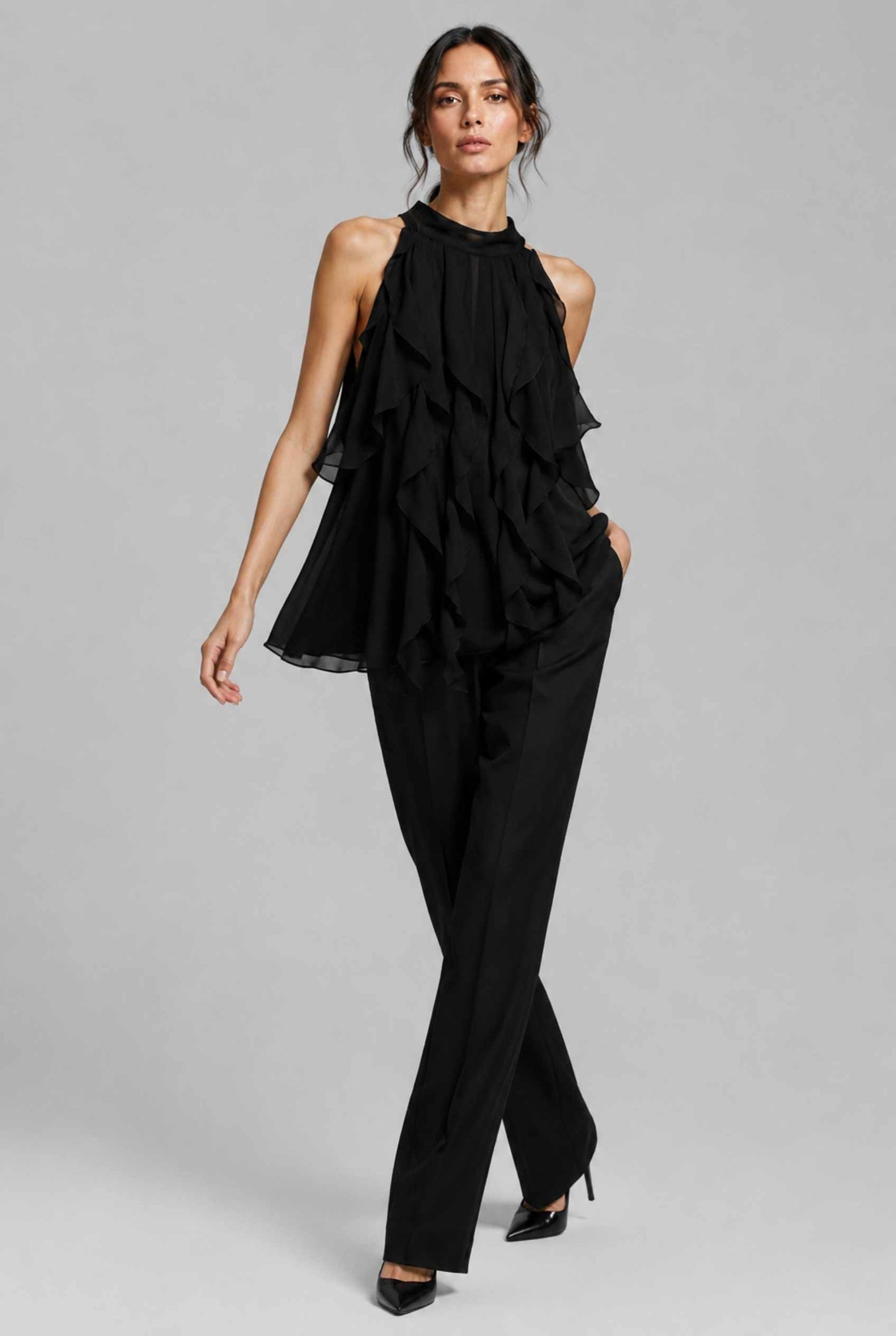 Virtual Model Wearing The Noelle Ruffle Chiffon Blouse Elegant Black Chiffon Blouse