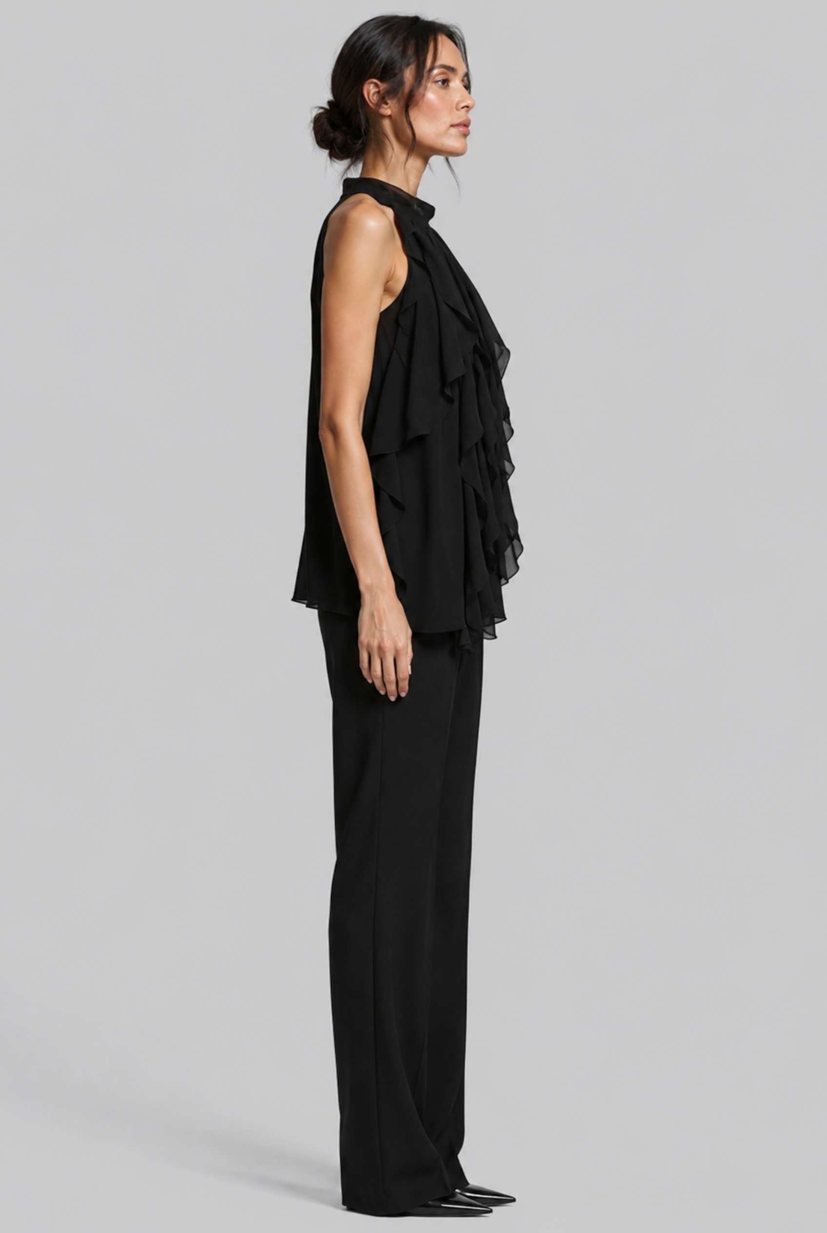 Virtual Model Wearing The Noelle Ruffle Chiffon Blouse Elegant Black Chiffon Blouse
