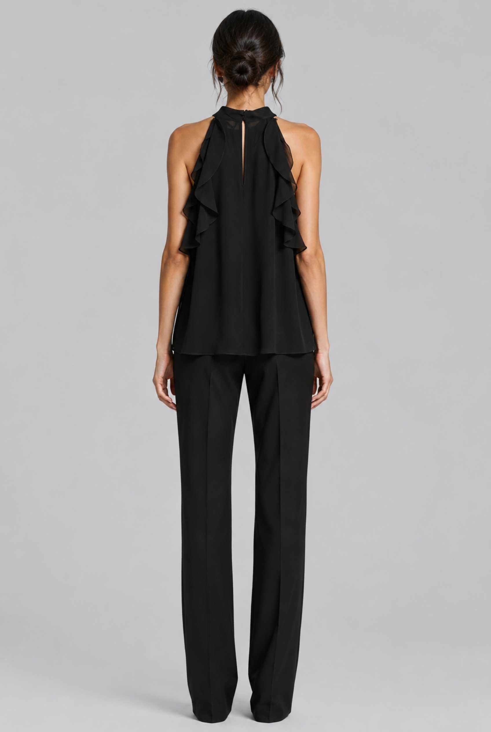 Virtual Model Wearing The Noelle Ruffle Chiffon Blouse Elegant Black Chiffon Blouse