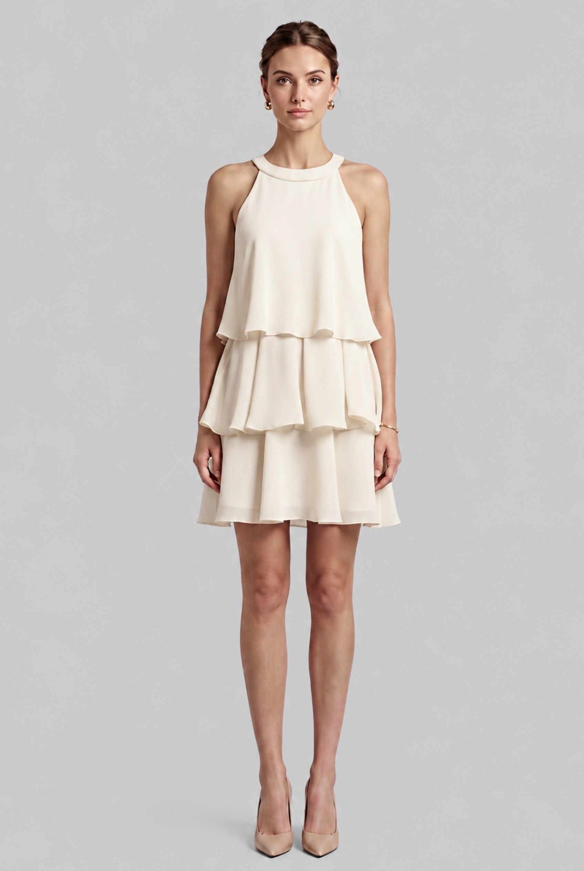 Virtual model wearing The Opal Flounce Dress Ruffle Tiered Chiffon Halter Mini Dress in Ivory
