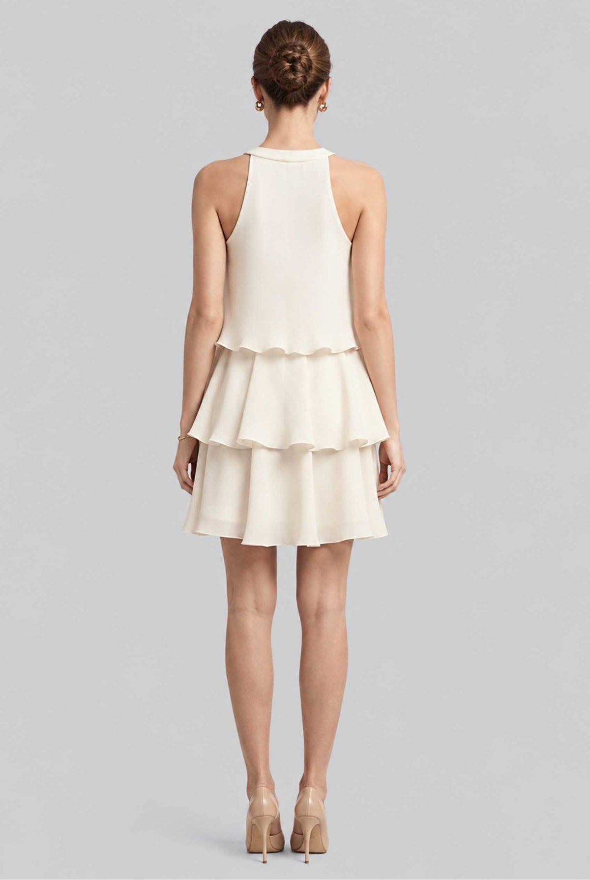 Virtual model wearing The Opal Flounce Dress Ruffle Tiered Chiffon Halter Mini Dress in Ivory