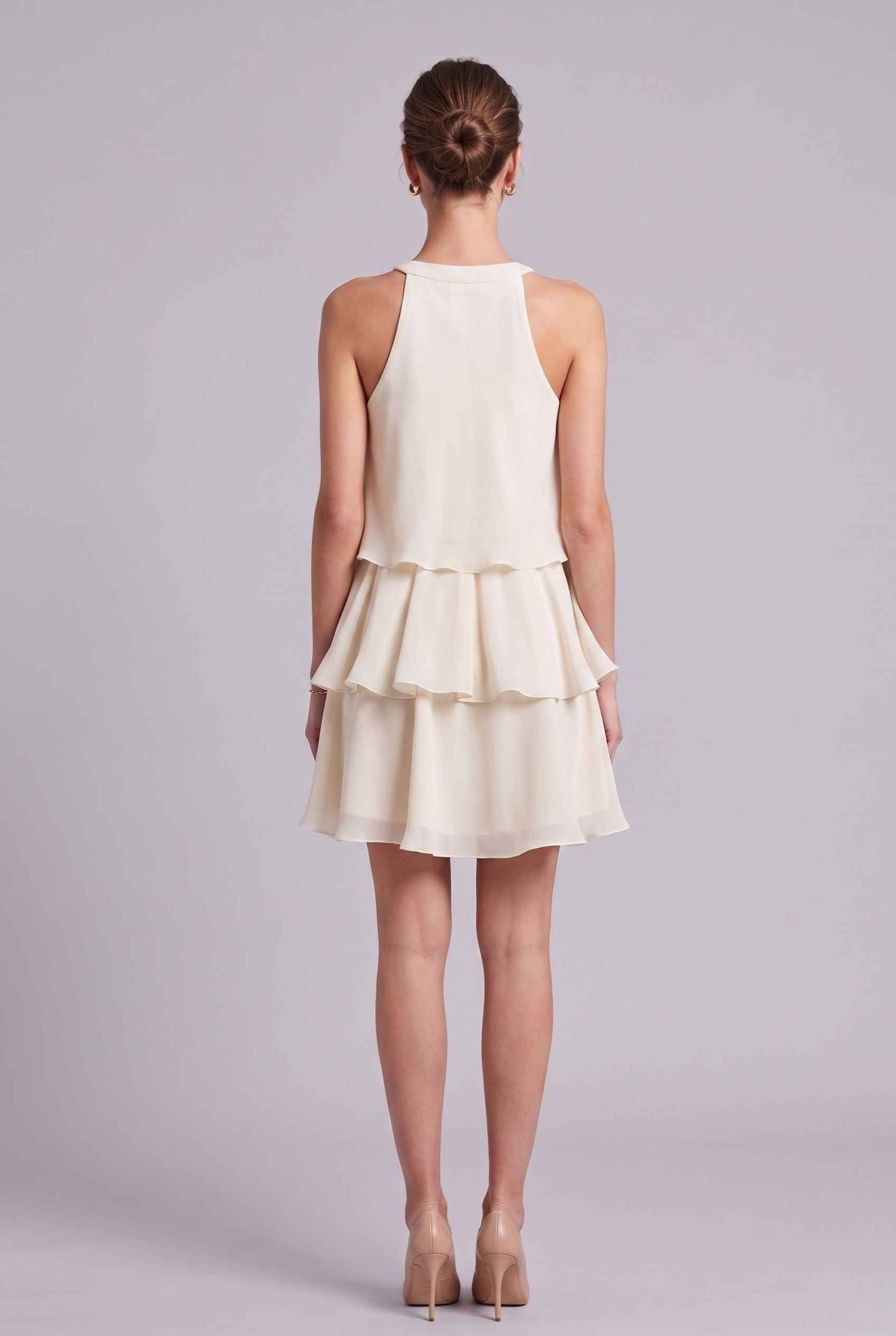 Virtual Model wearing The Opal Flounce Dress Ivory Ruffle Tiered Chiffon Halter Mini Dress