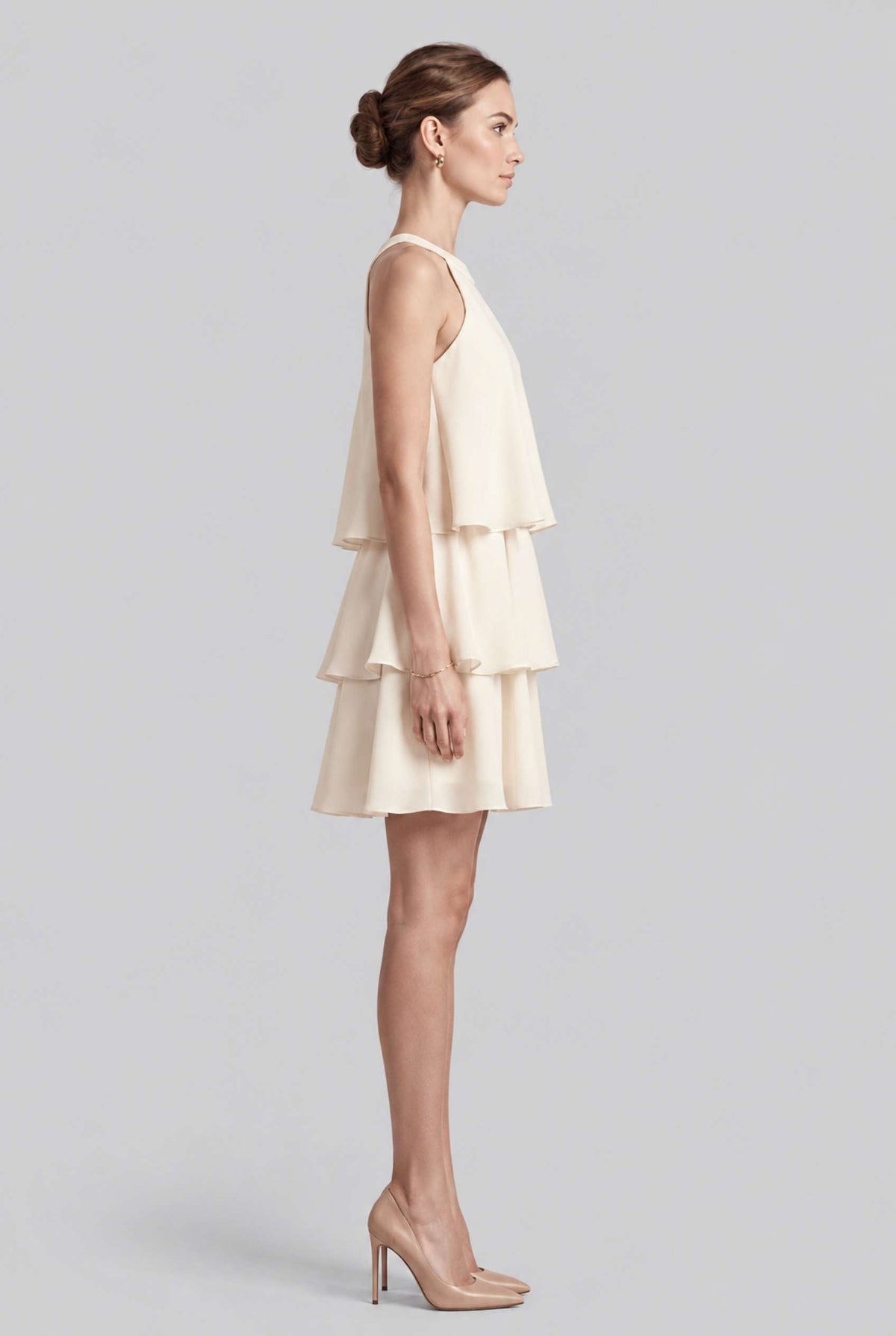 Virtual model wearing The Opal Flounce Dress Ruffle Tiered Chiffon Halter Mini Dress in Ivory