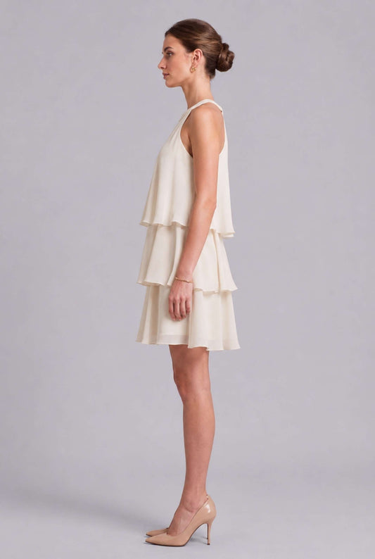 Virtual Model wearing The Opal Flounce Dress Ivory Ruffle Tiered Chiffon Halter Mini Dress