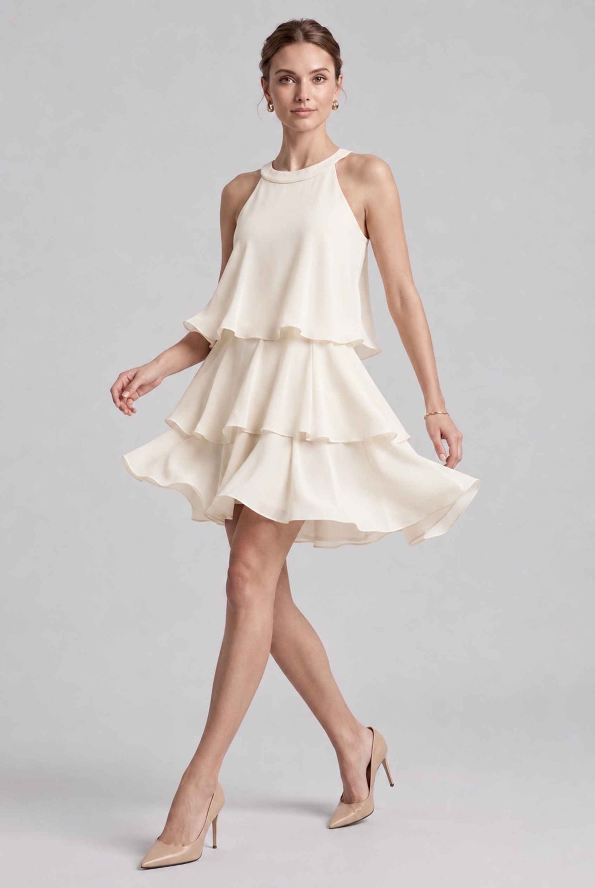 Virtual model wearing The Opal Flounce Dress Ruffle Tiered Chiffon Halter Mini Dress in Ivory
