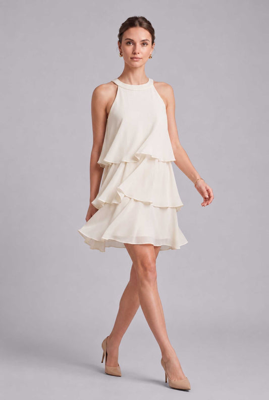 Virtual Model wearing The Opal Flounce Dress Ivory Ruffle Tiered Chiffon Halter Mini Dress