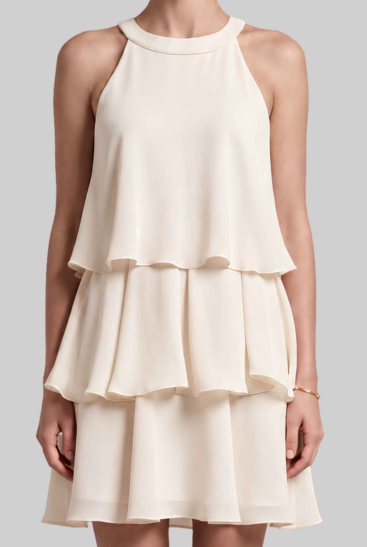 Virtual model wearing The Opal Flounce Dress Ruffle Tiered Chiffon Halter Mini Dress in Ivory