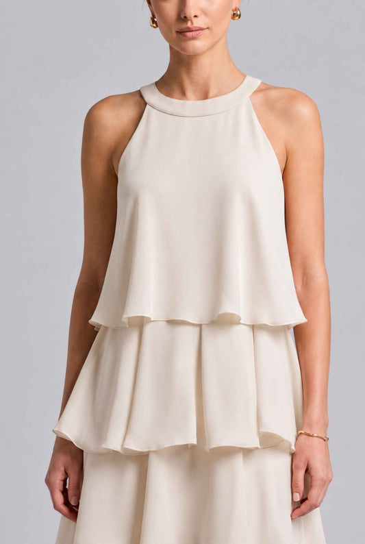 Virtual Model wearing The Opal Flounce Dress Ivory Ruffle Tiered Chiffon Halter Mini Dress