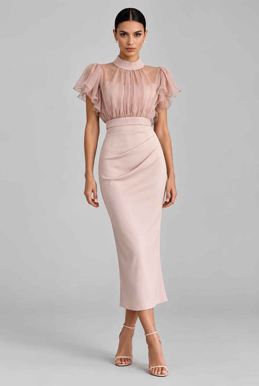 Virtual model wearing The Ophelia Chiffon Dress Blush Pink Chiffon Flutter-Sleeve Dress