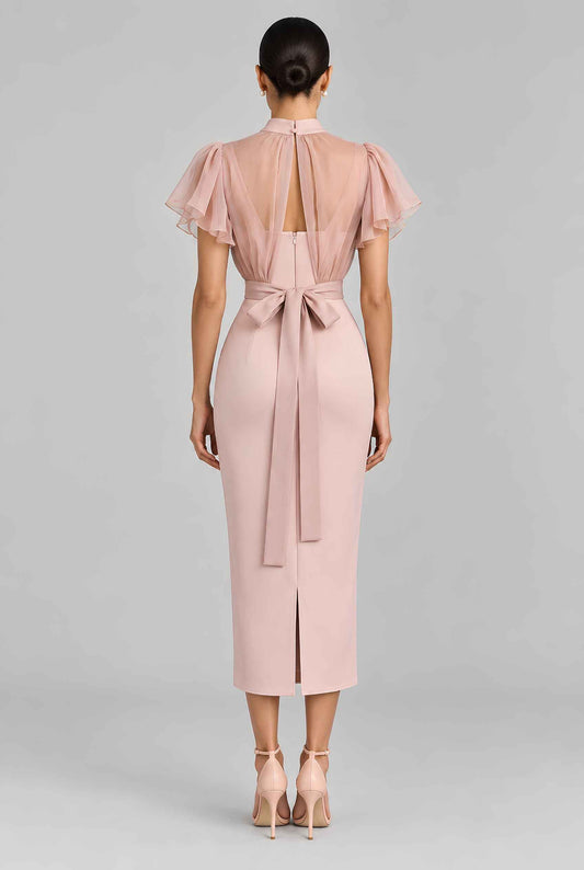 Virtual model wearing The Ophelia Chiffon Dress Blush Pink Chiffon Flutter-Sleeve Dress
