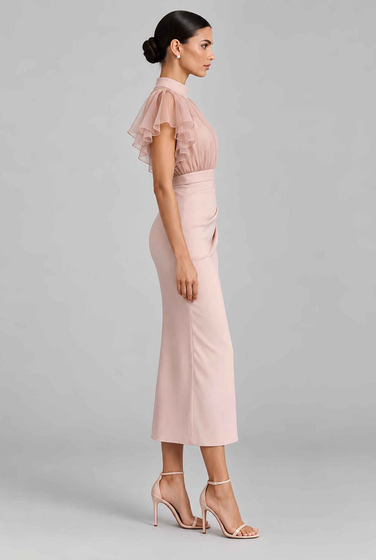 Virtual model wearing The Ophelia Chiffon Dress Blush Pink Chiffon Flutter-Sleeve Dress