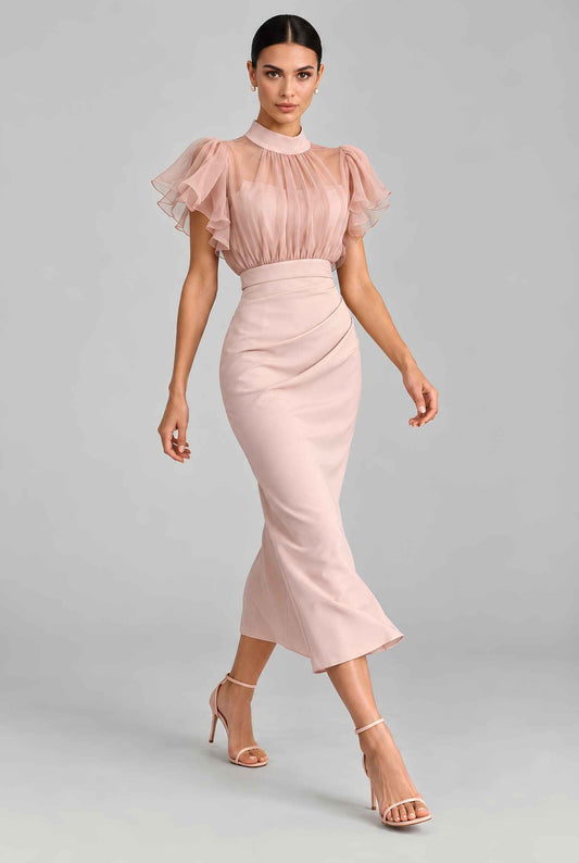 Virtual model wearing The Ophelia Chiffon Dress Blush Pink Chiffon Flutter-Sleeve Dress