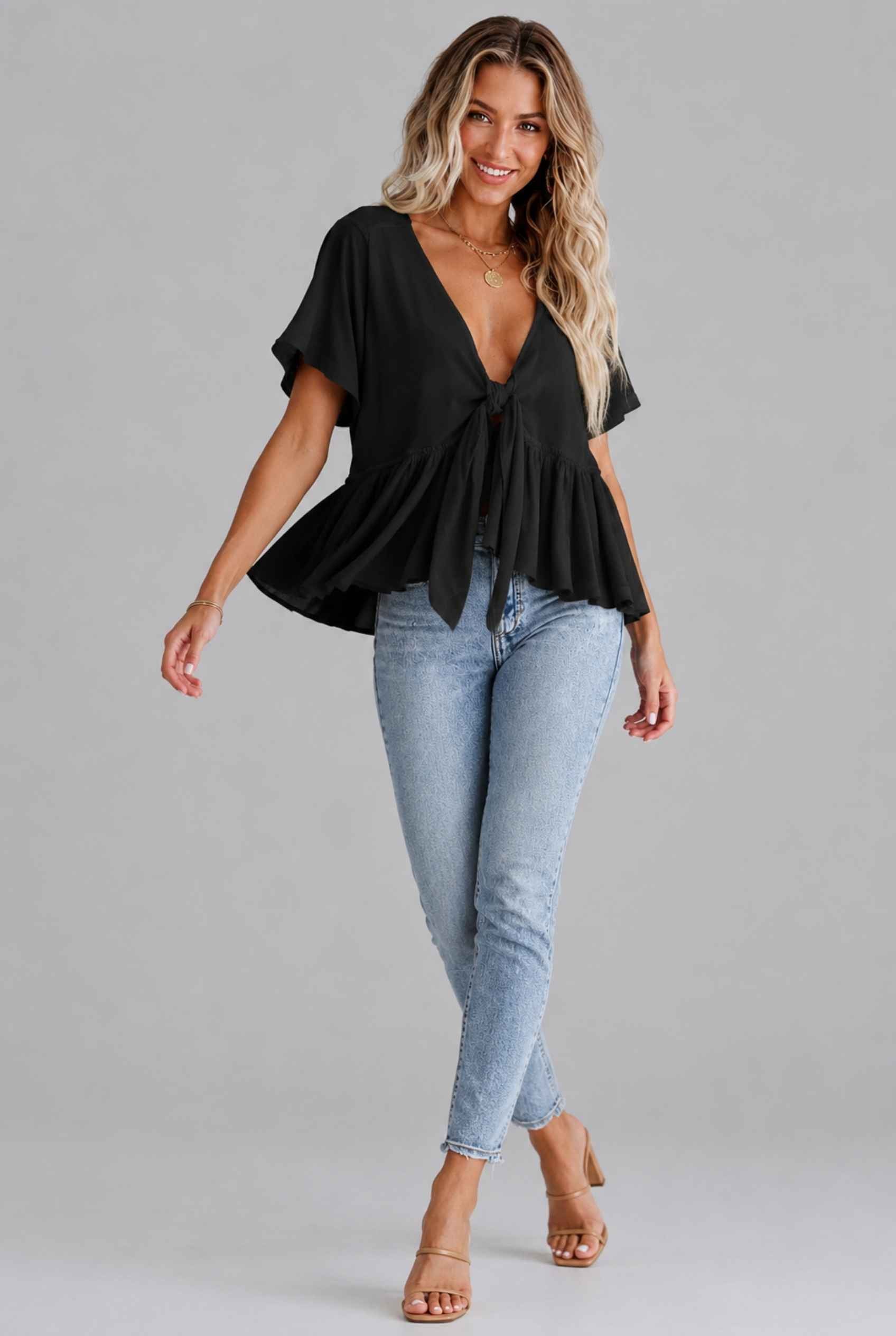 Virtual Model wearing The Paloma Tied Peplum Top Cotton Slub Black Tie-Front Top