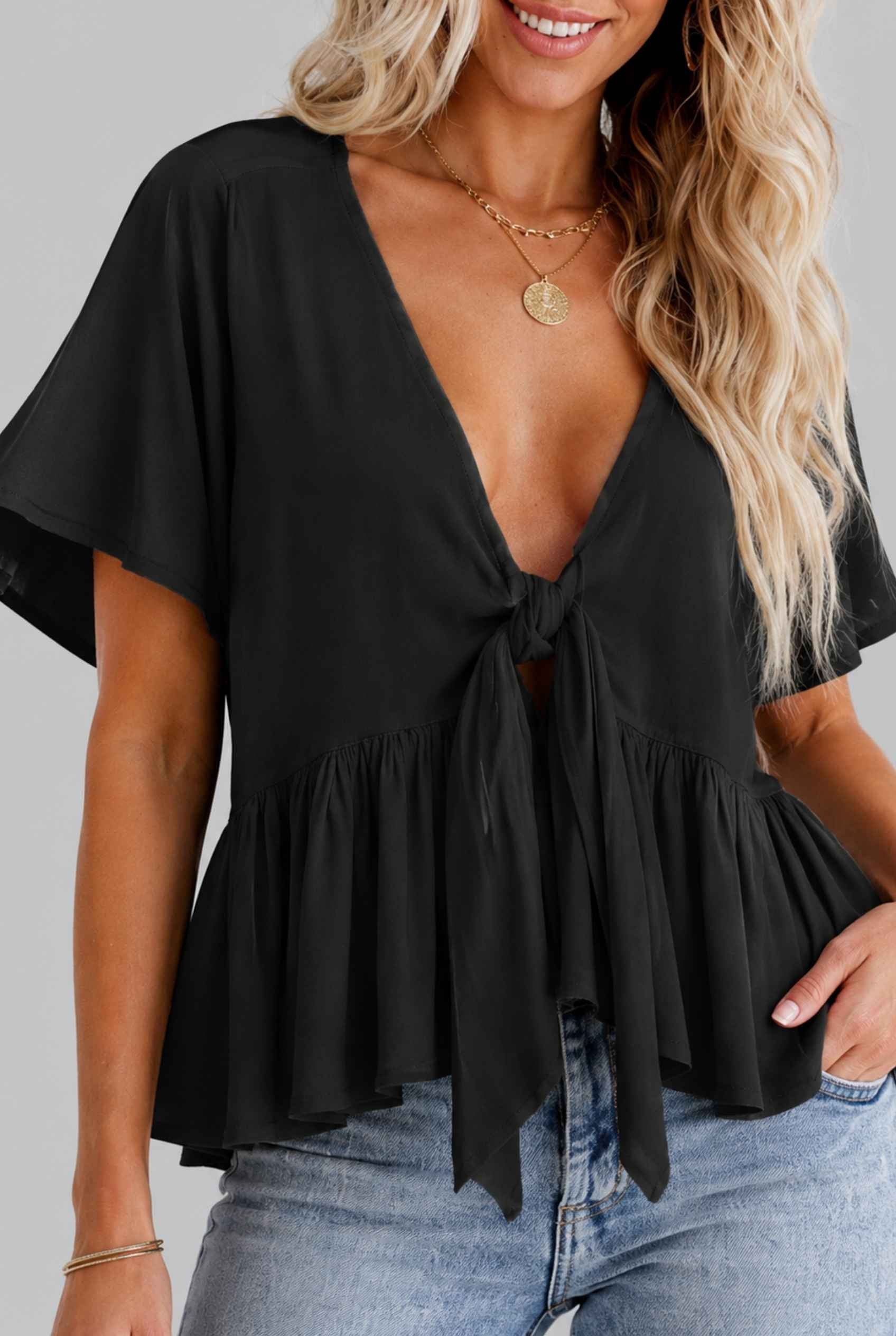 Virtual Model wearing The Paloma Tied Peplum Top Cotton Slub Black Tie-Front Top
