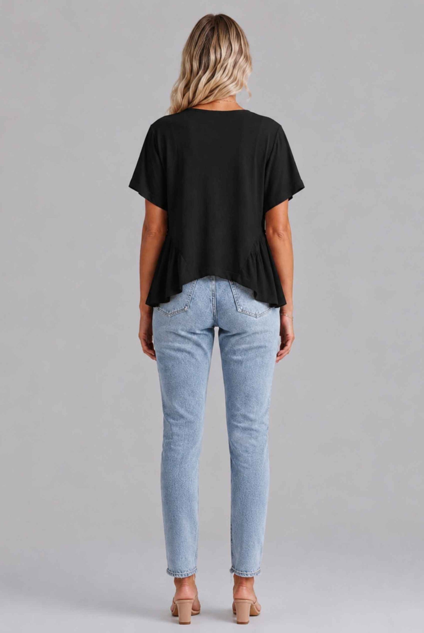 Virtual Model wearing The Paloma Tied Peplum Top Cotton Slub Black Tie-Front Top