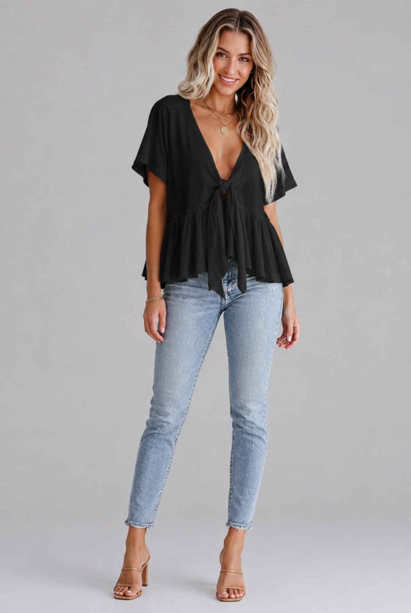 Virtual Model wearing The Paloma Tied Peplum Top Cotton Slub Black Tie-Front Top
