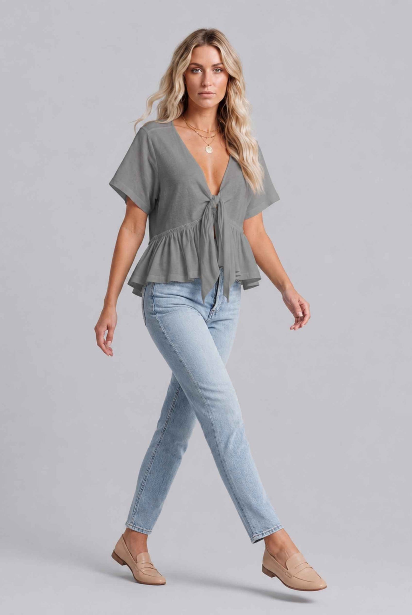 Virtual Model wearing The Paloma Tied Peplum Top Cotton Slub Light Gray Tie-Front Top