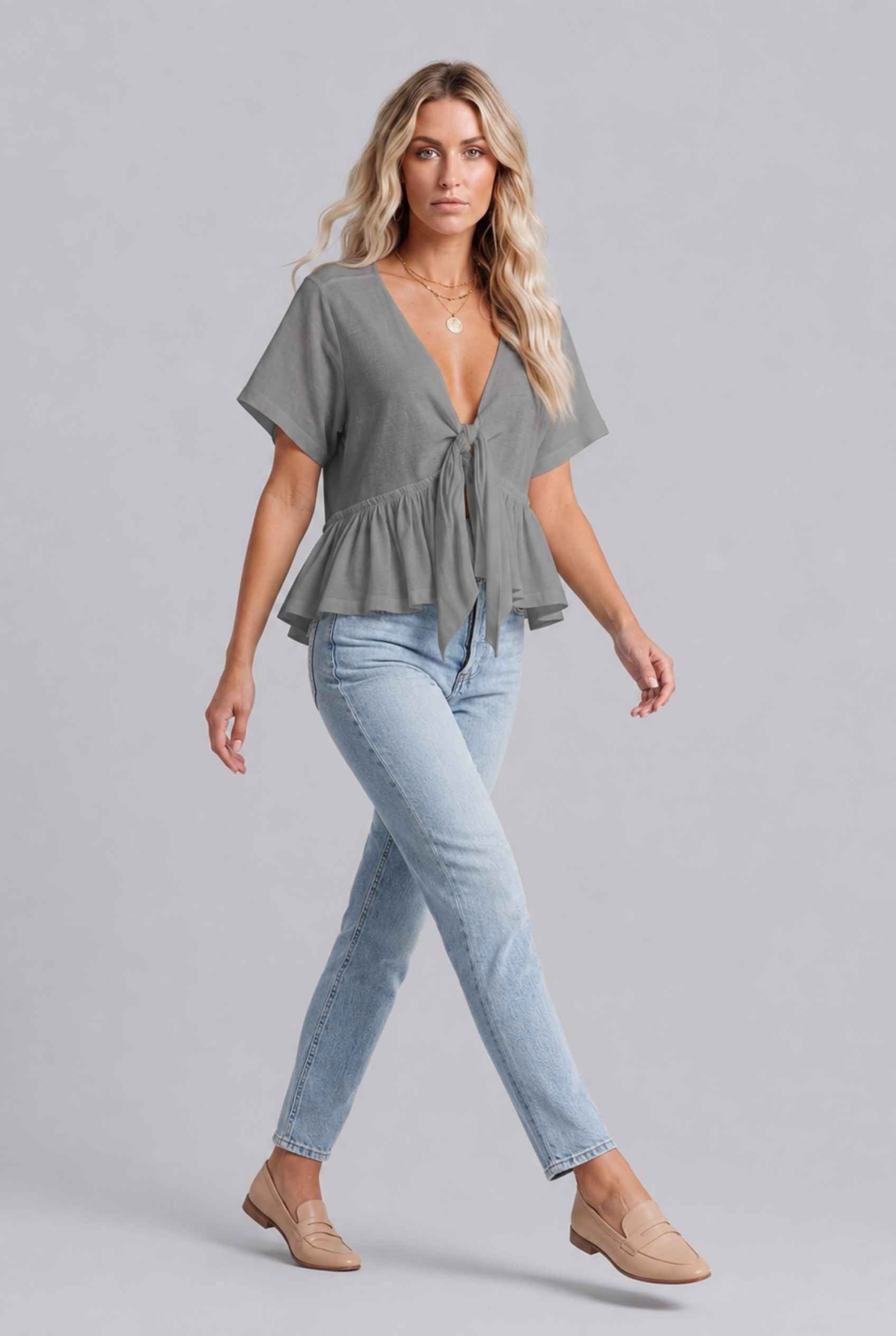 Virtual Model wearing The Paloma Tied Peplum Top Cotton Slub Light Gray Tie-Front Top