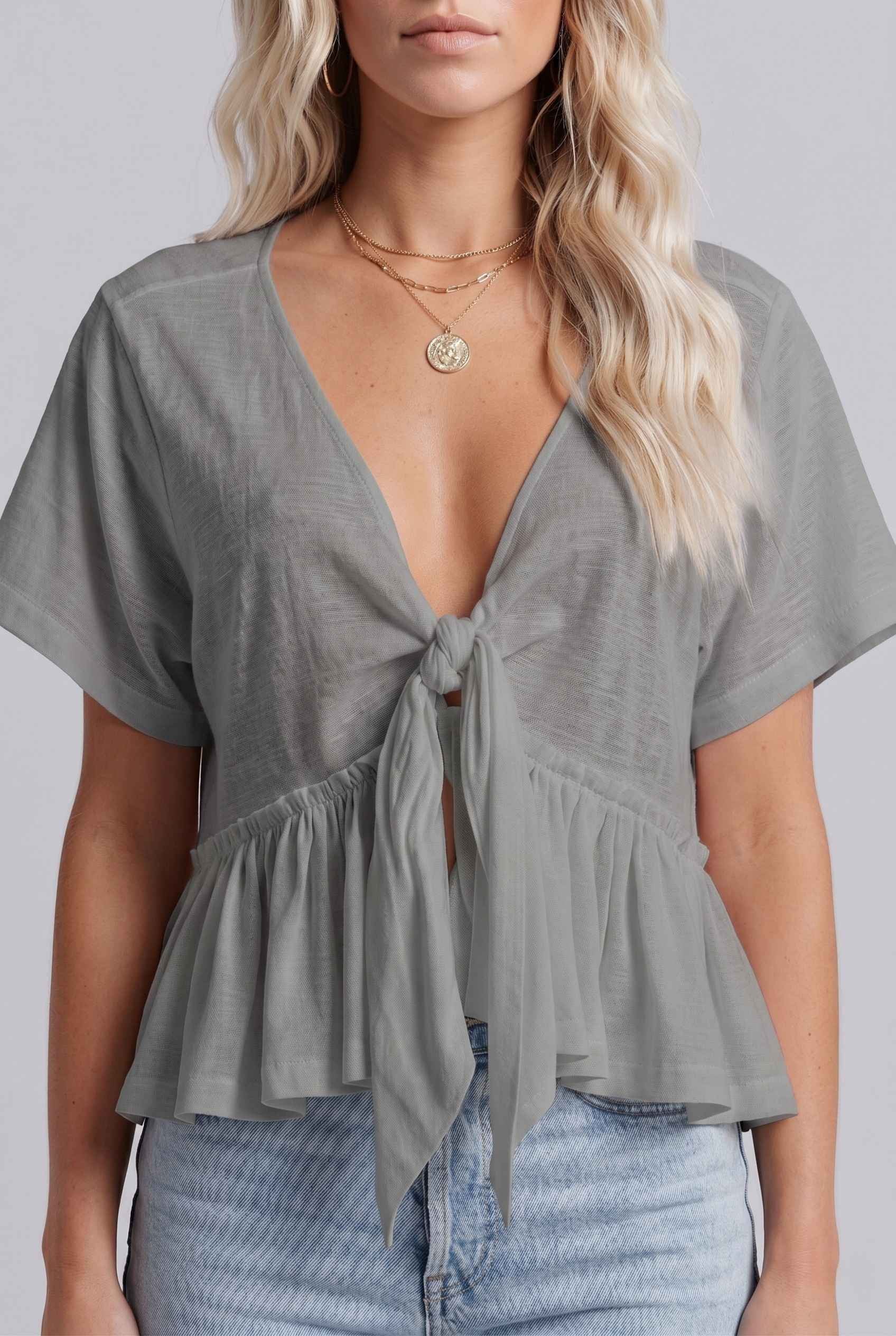 Virtual Model wearing The Paloma Tied Peplum Top Cotton Slub Light Gray Tie-Front Top