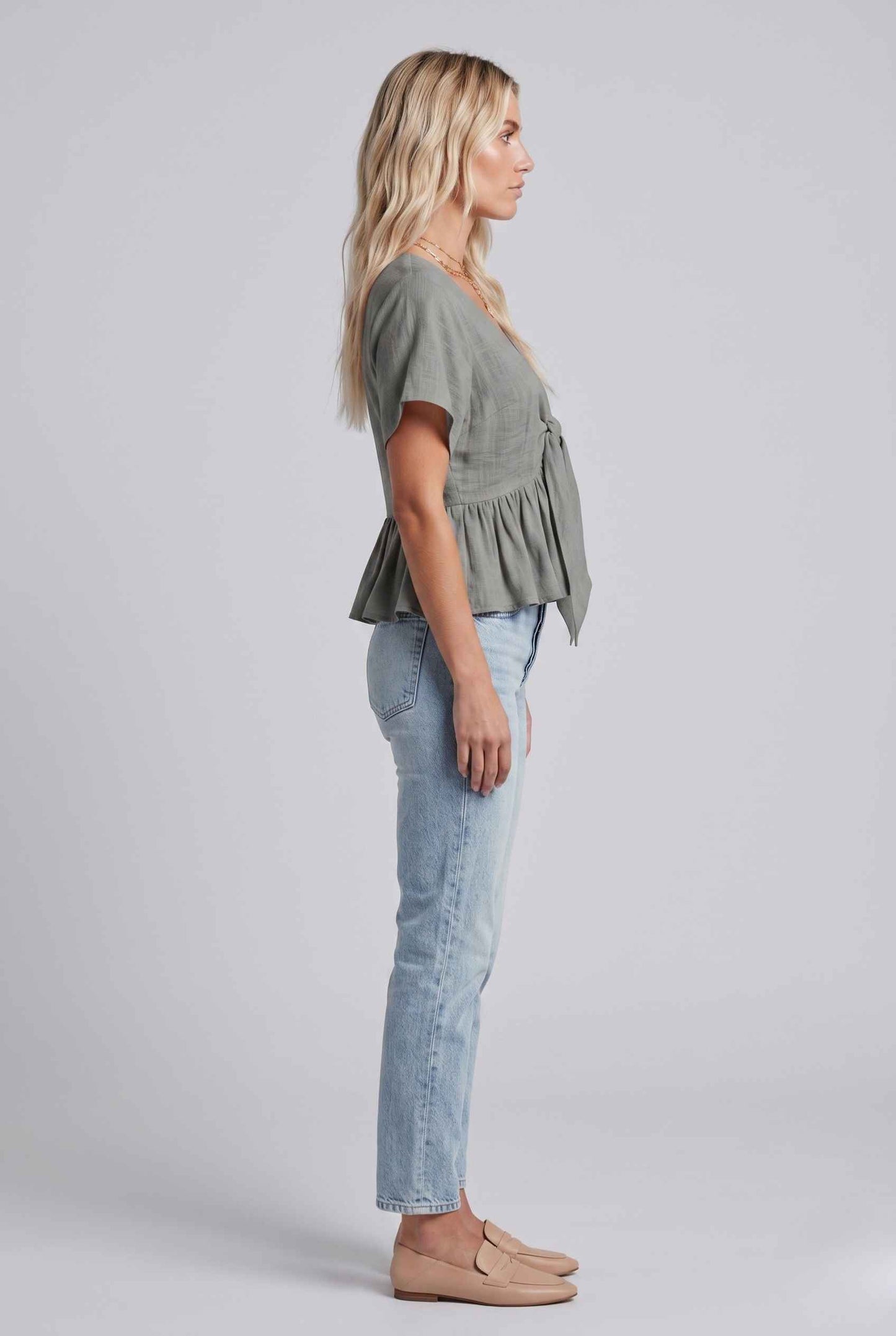 Virtual Model wearing The Paloma Tied Peplum Top Cotton Slub Light Gray Tie-Front Top