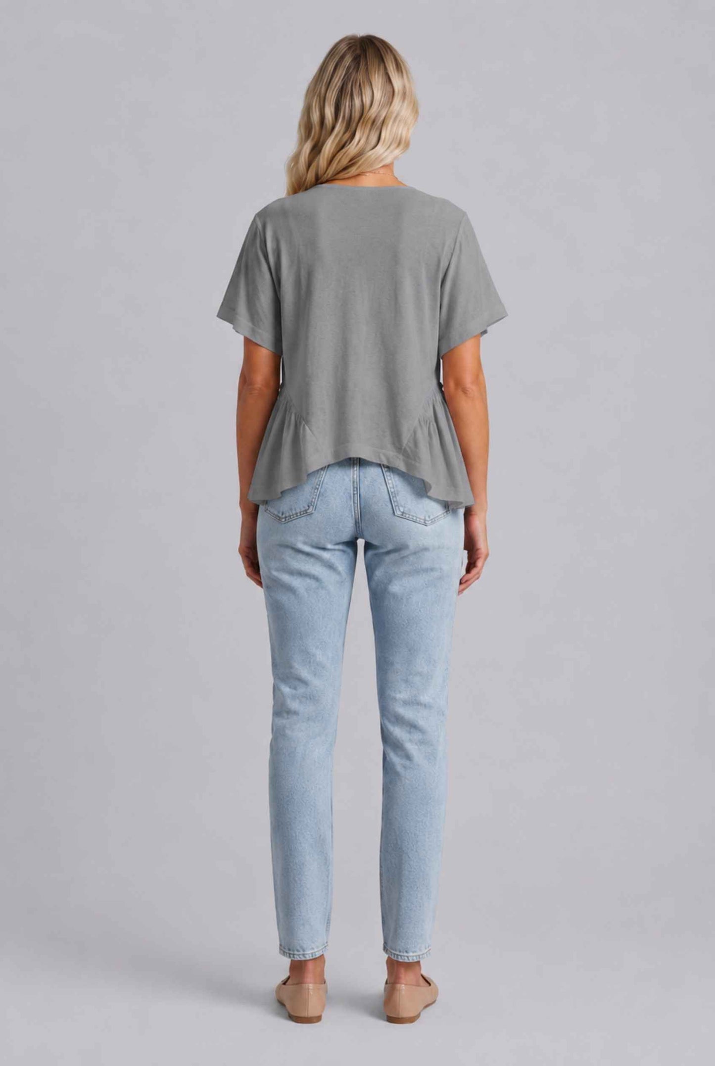 Virtual Model wearing The Paloma Tied Peplum Top Cotton Slub Light Gray Tie-Front Top